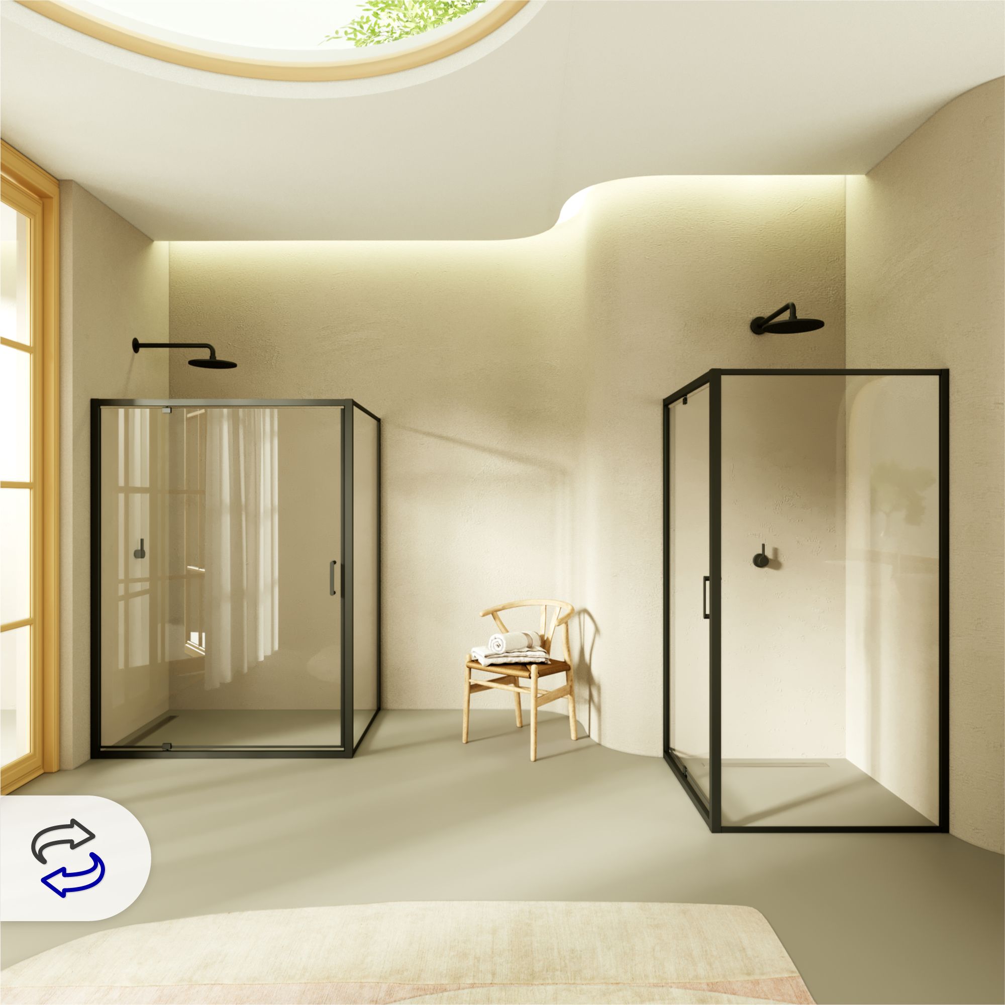 Fronteinstieg Isadora mit Klapptür und schwarzen Profilen aus ESG Sicherheitsglas Fronteinstieg Isadora mit Klapptür und schwarzen Profilen aus ESG Sicherheitsglas