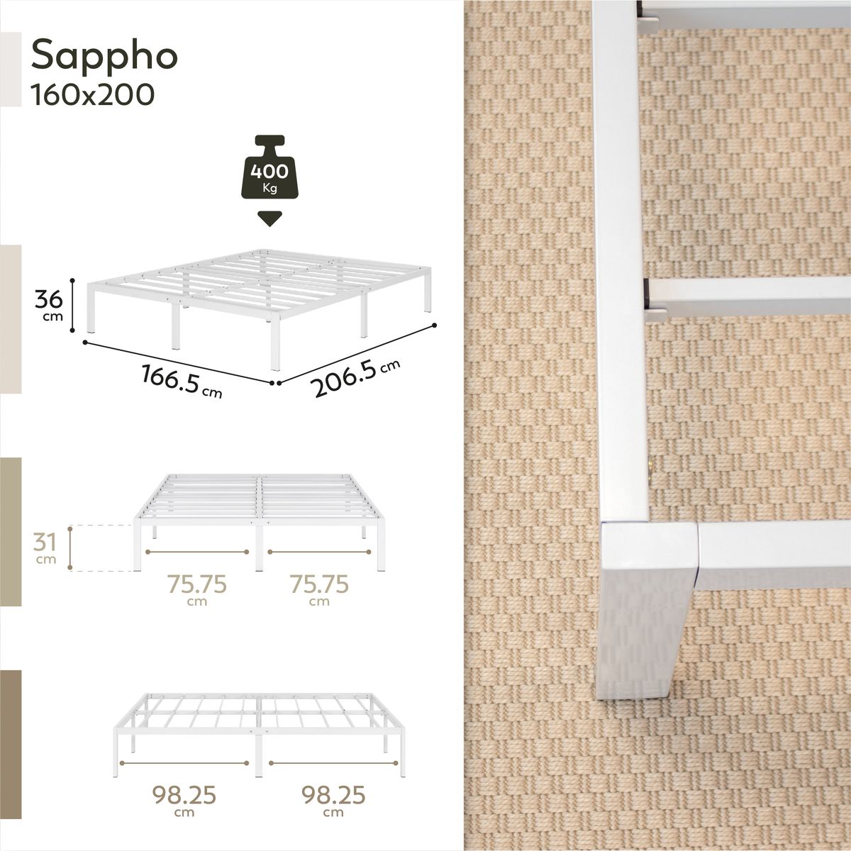 Bettgestell – Gästebett Metallbett Sappho White mit Stauraum