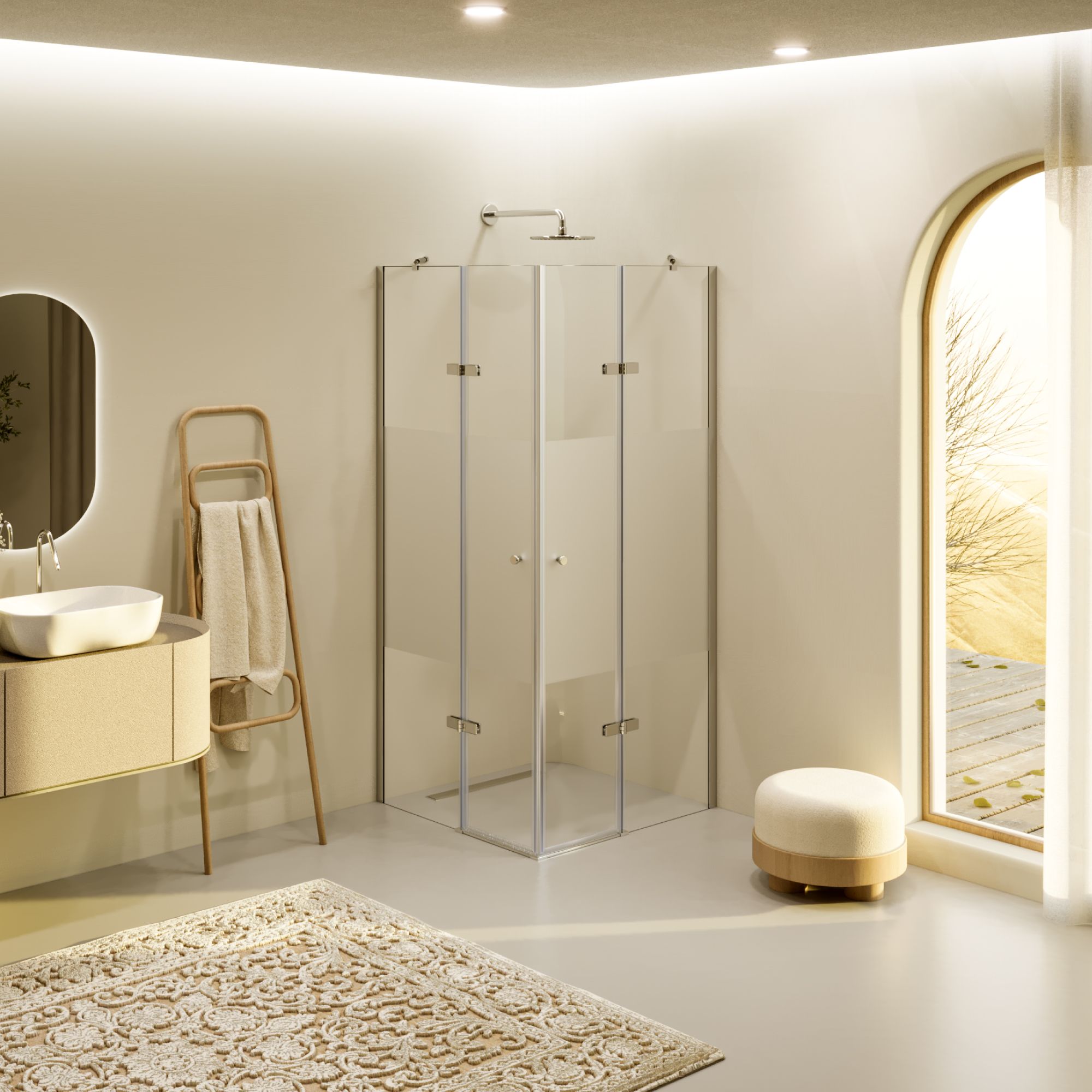 Corner Entry Alice with Folding Doors made of Partially Frosted ESG Safety Glass