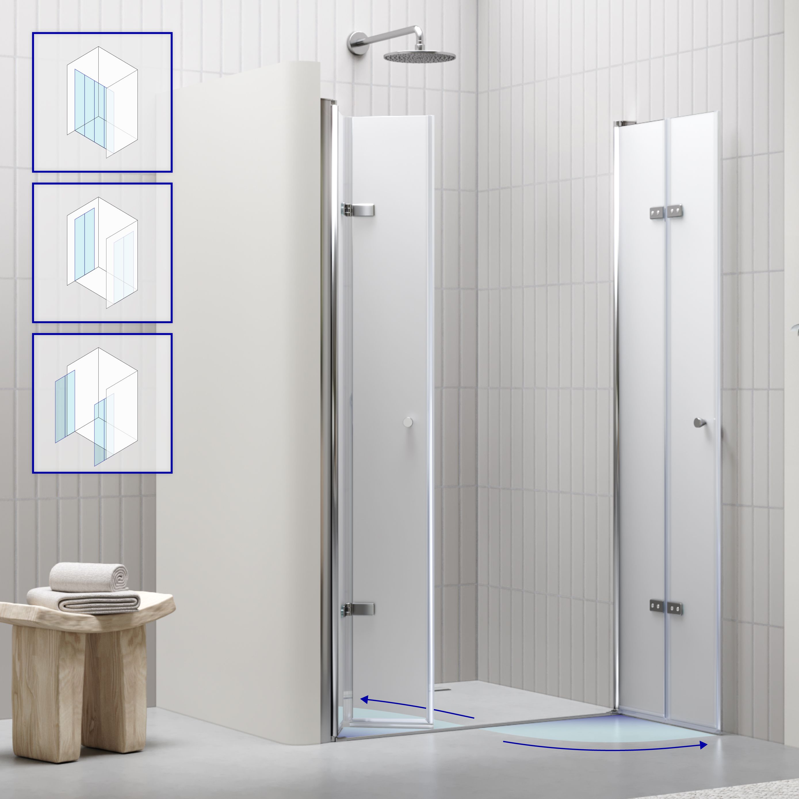 Shower Door Lena with Folding Panels Made of Satin-Finished ESG Safety Glass Shower Door Lena with Folding Panels Made of Satin-Finished ESG Safety Glass