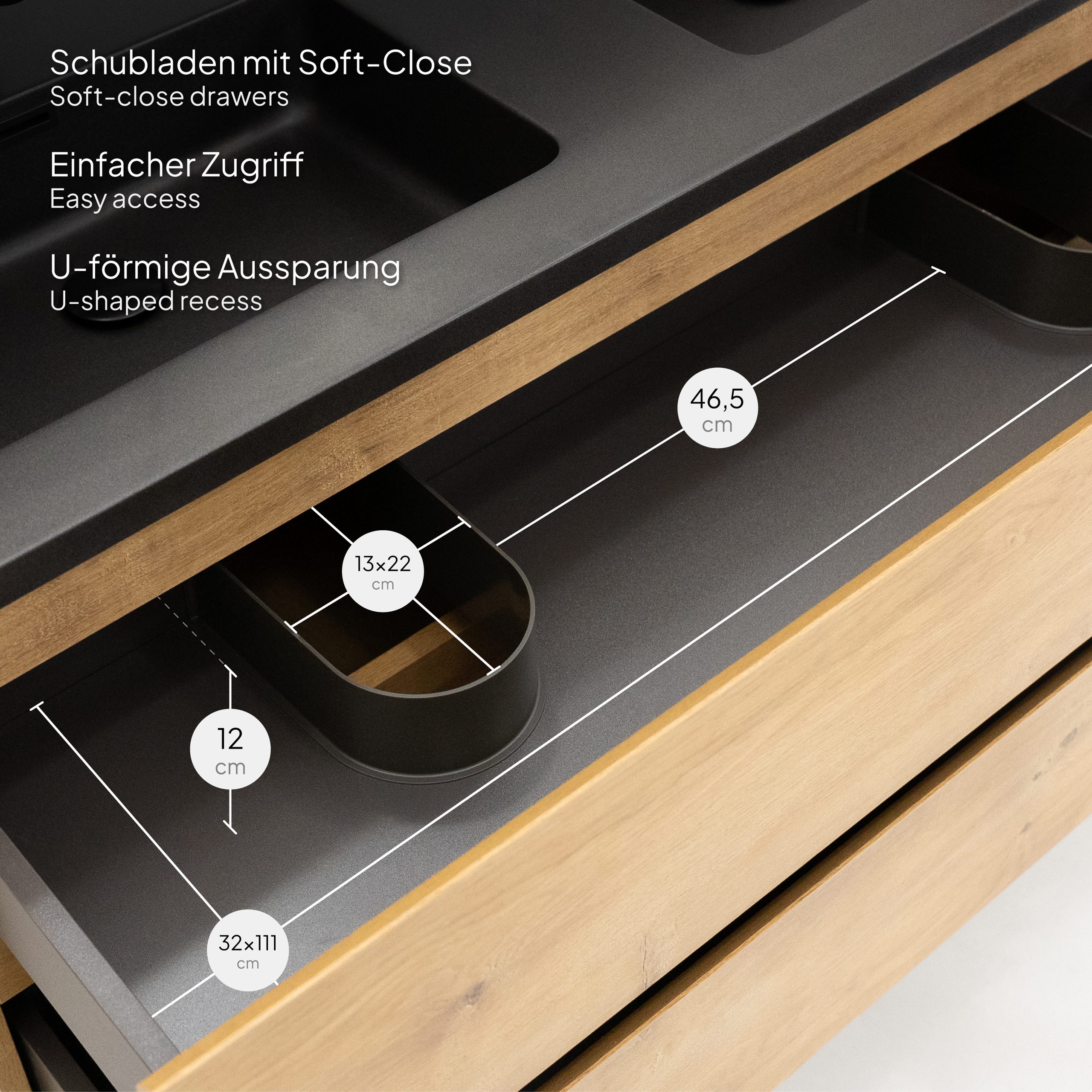 Badmöbel-Set Atena [120 cm] mit Mineralharz-Waschbecken in Hochglanz Schwarz, Unterschrank mit Spiegel und hängendem Hochschrank in Eiche