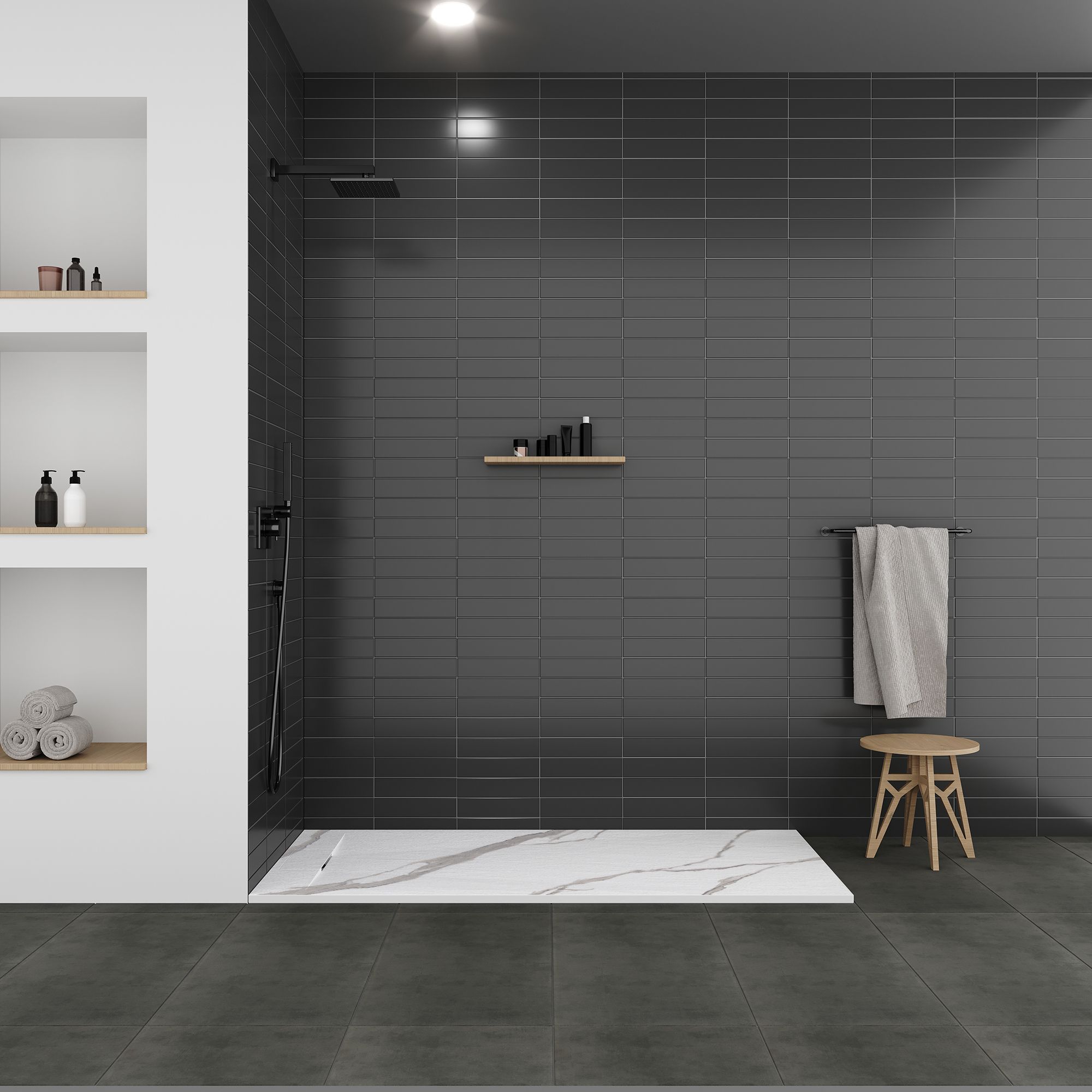 SMC Shower Tray Polar in Marble Look with Drain Assembly - White