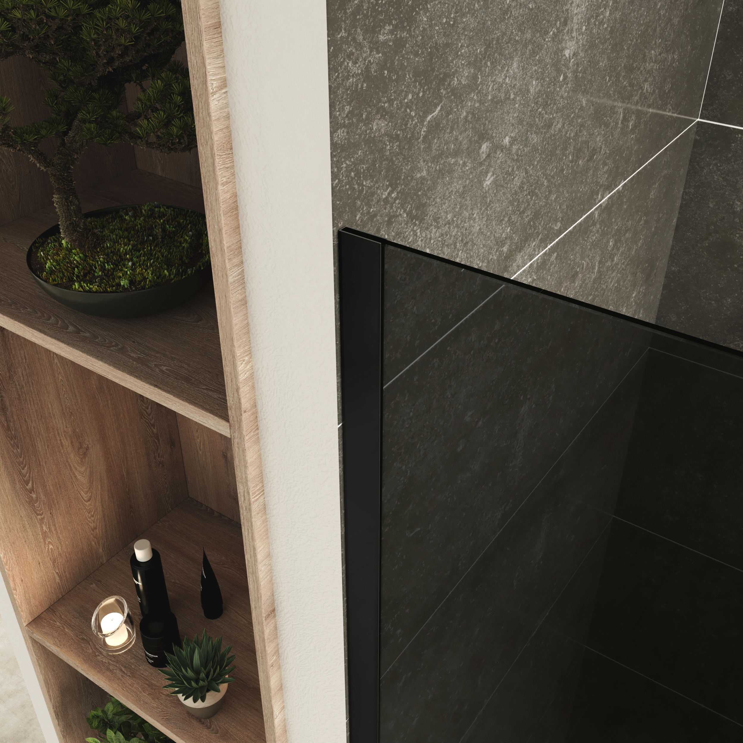 Walk-In Shower Fiona made of 10 mm thick gray ESG safety glass and black aluminum profile.