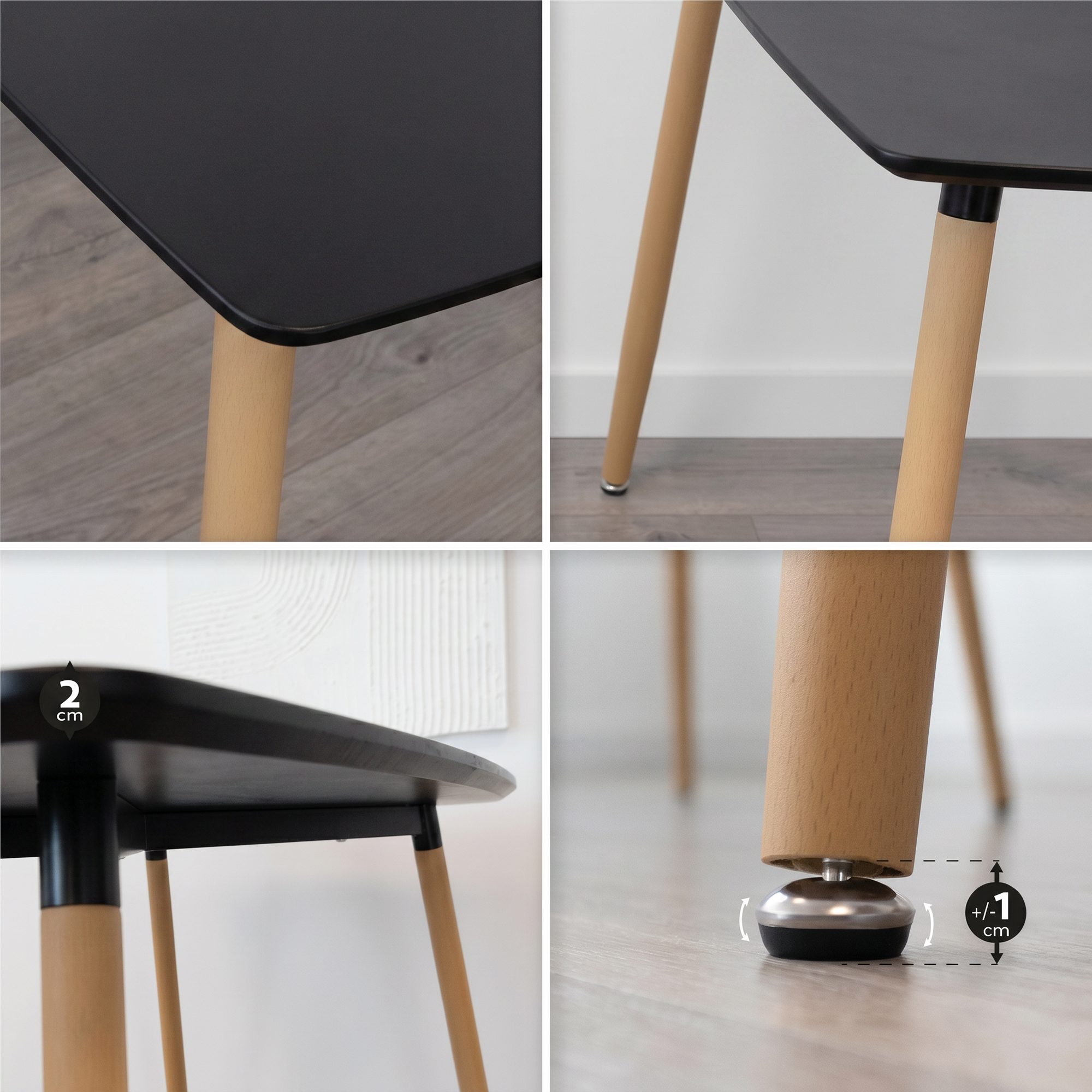 Esstisch Felicia Schwarz mit Metallbeine in Holzoptik, rutschfeste Füße, leichter Aufbau