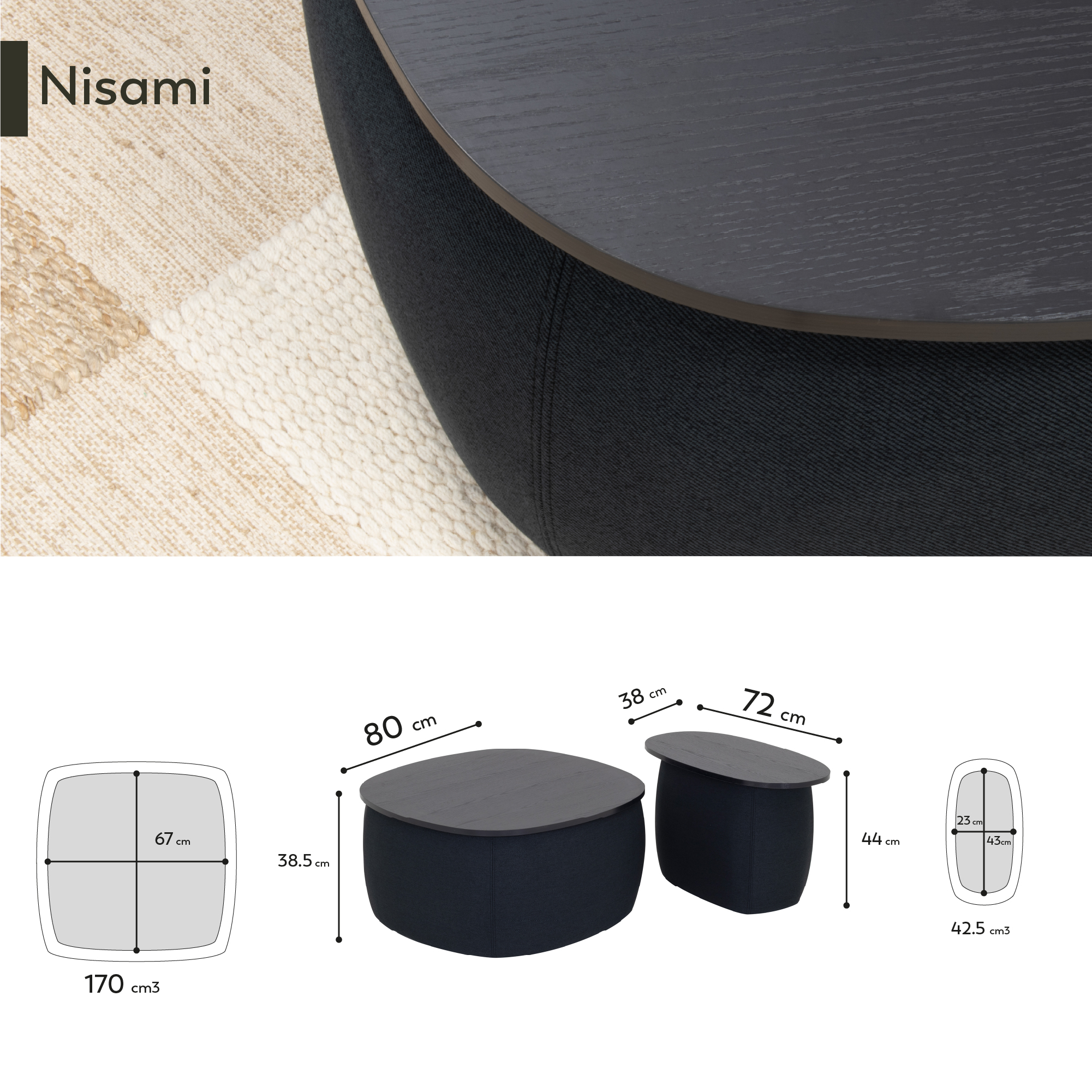 Nisami – 2er-Set Couchtische – flexibel kombinierbare Satztische mit schwarzem Stoffbezug und Holzdekor in Schwarz
