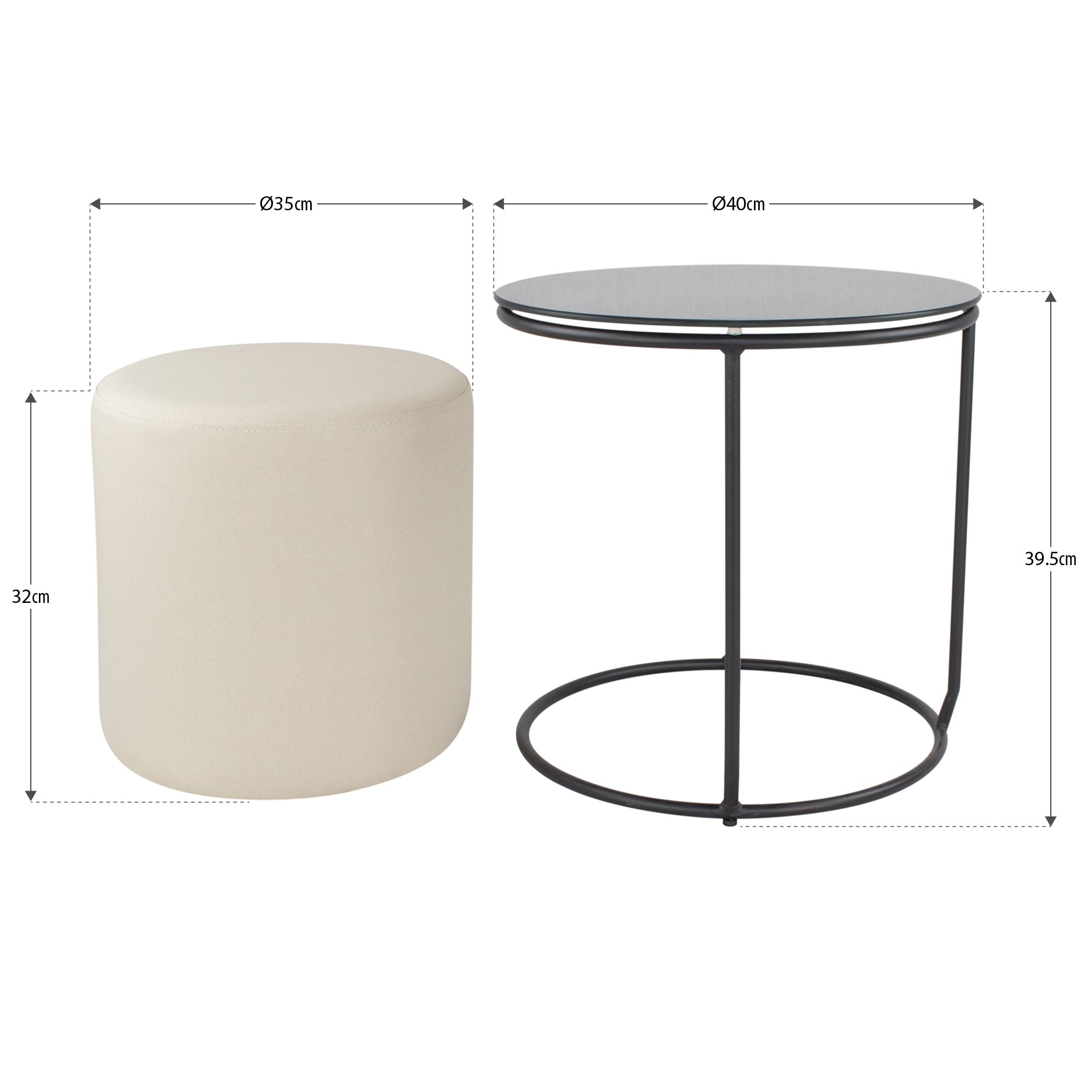 Beistelltisch mit Hocker JASPER runder Couchtisch 40x40 cm Schwarz-Beige N1