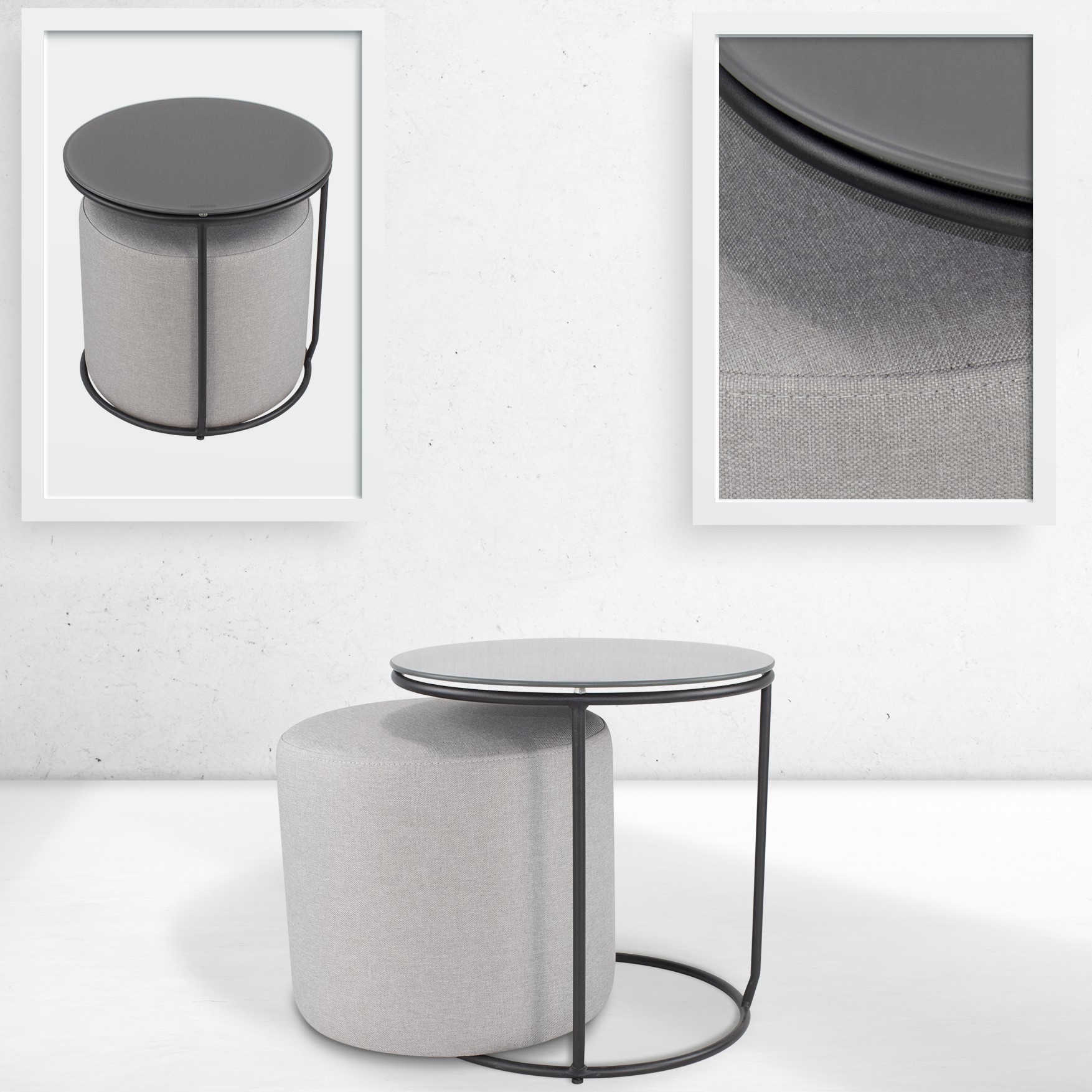 Beistelltisch mit Hocker JASPER runder Couchtisch 40x40 cm Schwarz-Grau N7 JASPER – Side Table with Stool - Round Coffee Table 40x40 cm Black-Grey N7