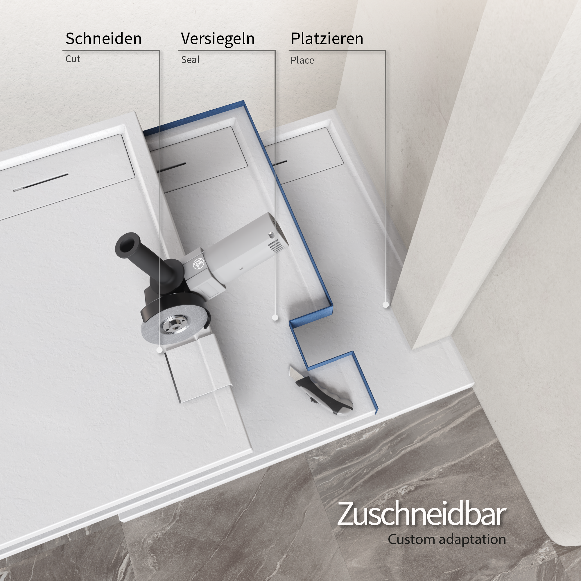 04-Cut-DE.png Shower Tray Shimmer STONE made of sanitary acrylic including drainage set - White