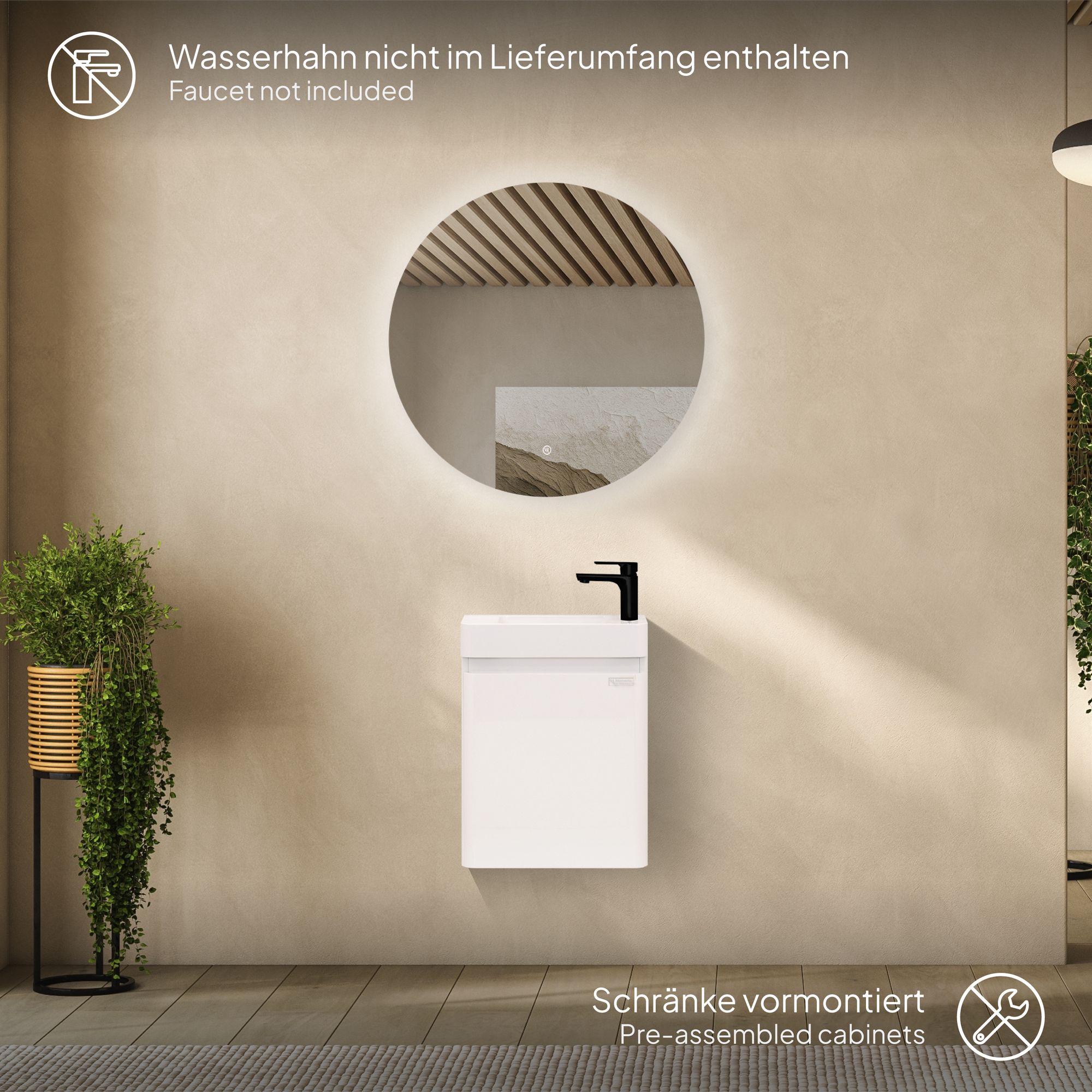 Kompakt-Badmöbel Galene 45 cm – Weiß Hochglanz, Mineralguss-Waschtisch, Wandhängend