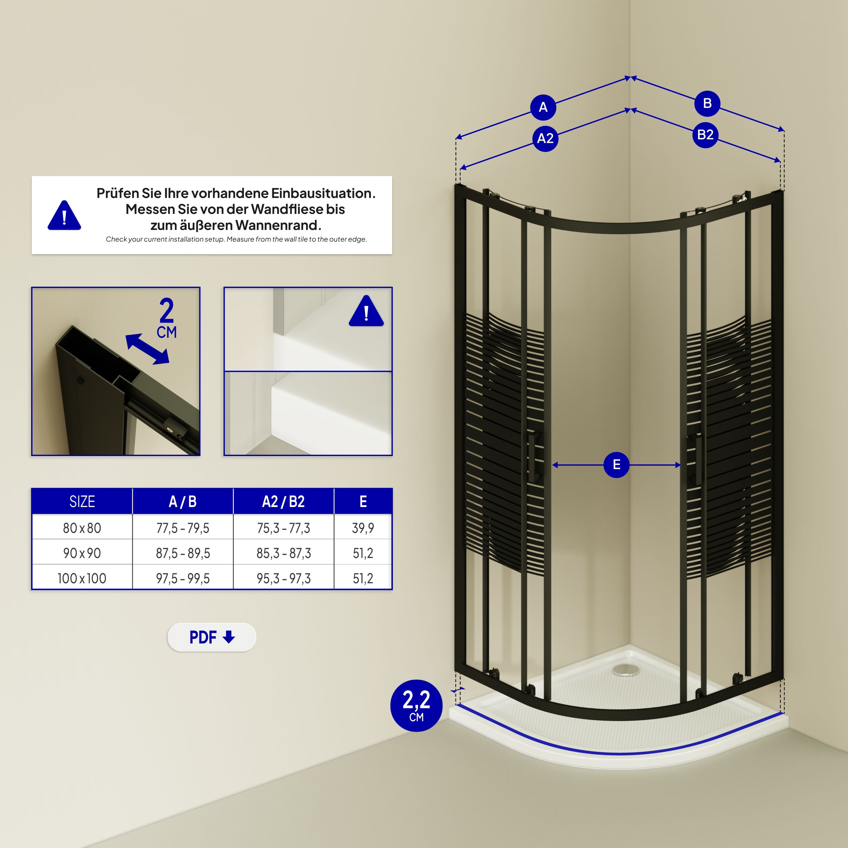 Quarter Circle Shower Ella with Sliding Doors made of Striped ESG Glass and Black Aluminum Profiles Ella – Viertelkreisdusche mit Schiebetüren aus gestreiftem ESG Glas mit schwarzen Aluminium Profile
