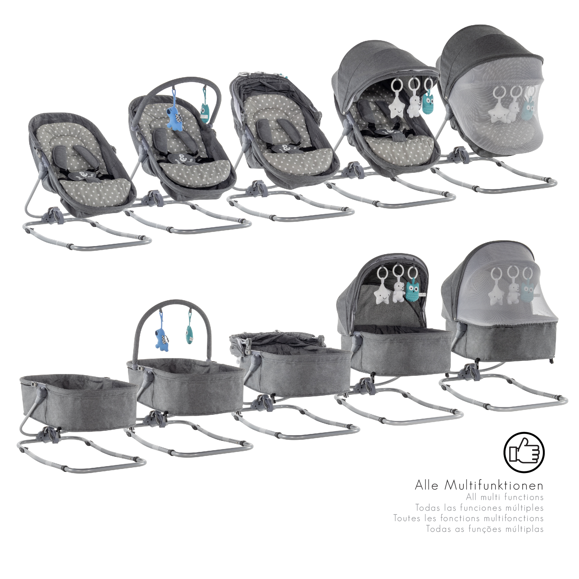 Babywippe PAVO mit Wiegenfunktion und Spielebogen Grau + Grau mit weißen Sterne Babywippe PAVO mit Wiegenfunktion und Spielebogen Grau + Grau mit weißen Sterne