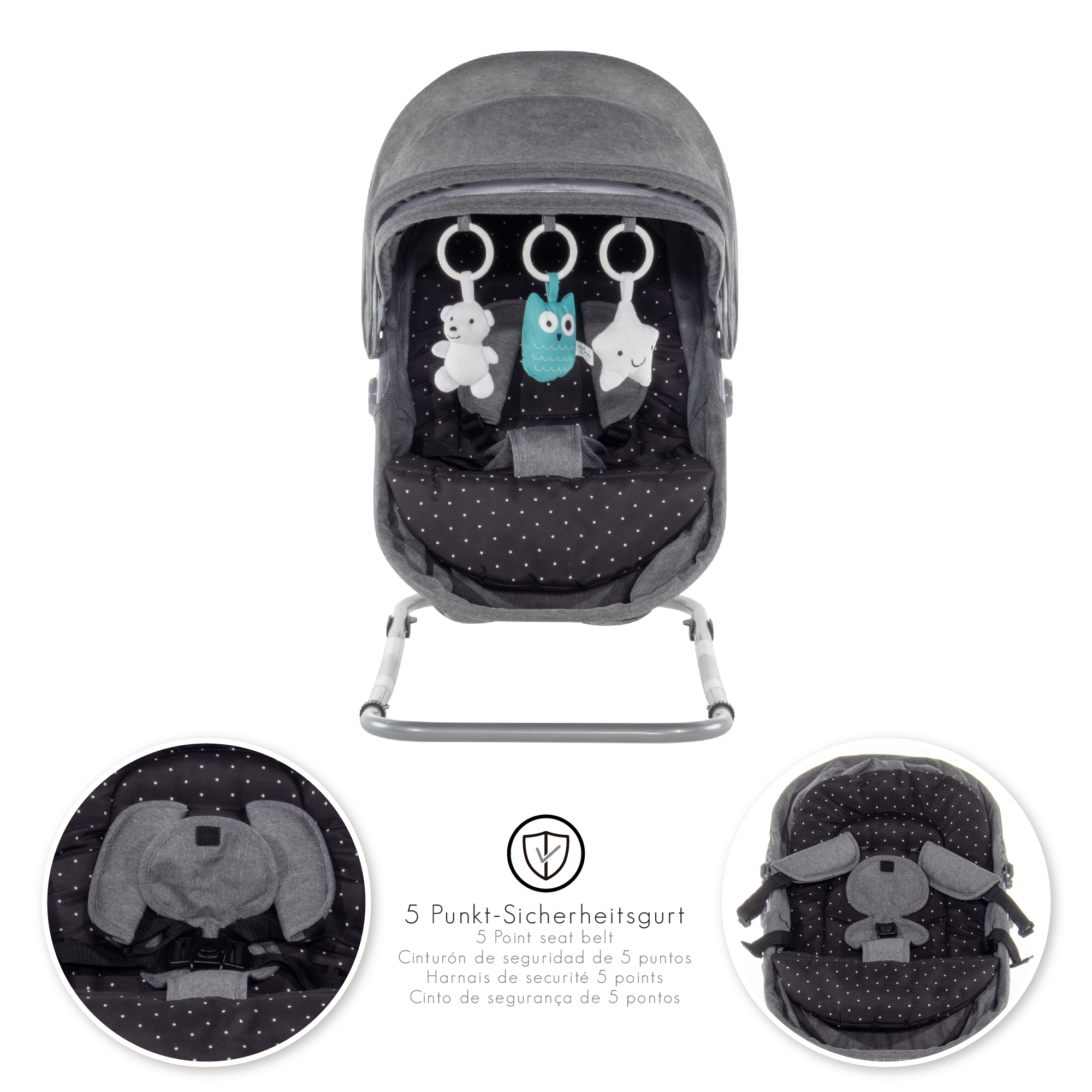 Babywippe PAVO mit Wiegenfunktion und Spielebogen Grau + Schwarz weiße Punkte Babywippe PAVO mit Wiegenfunktion und Spielebogen Grau + Schwarz weiße Punkte