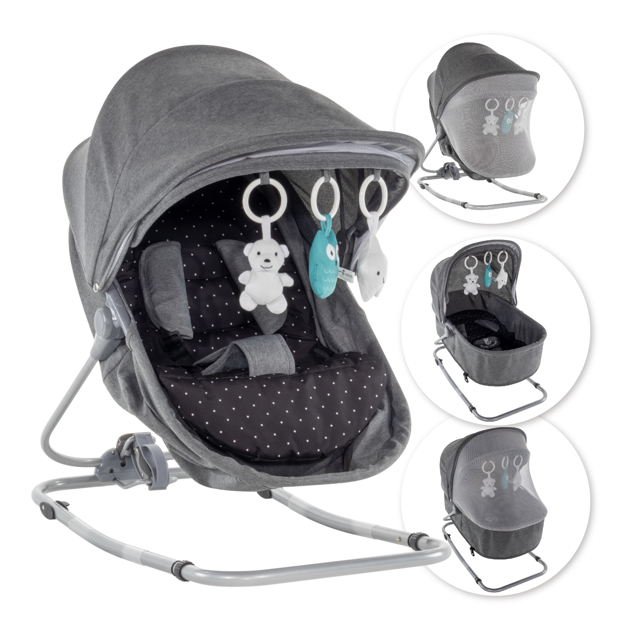 Babywippe PAVO mit Wiegenfunktion und Spielebogen Grau + Schwarz weiße Punkte Babywippe PAVO mit Wiegenfunktion und Spielebogen Grau + Schwarz weiße Punkte