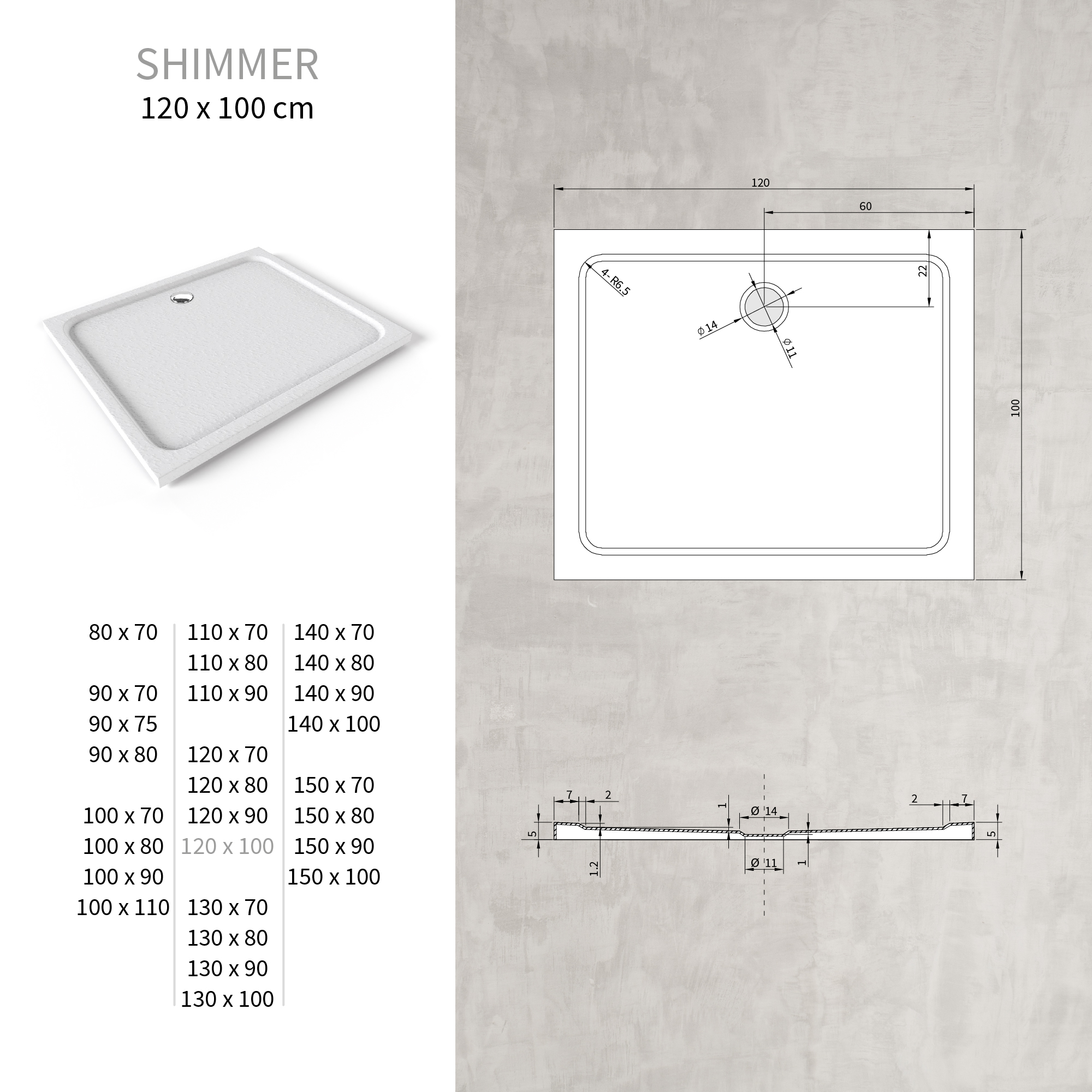 Shimmer-Wide-120x100.jpg Duschwanne Shimmer STONE aus Sanitäracryl inkl. Ablaufgarnitur - Weiß