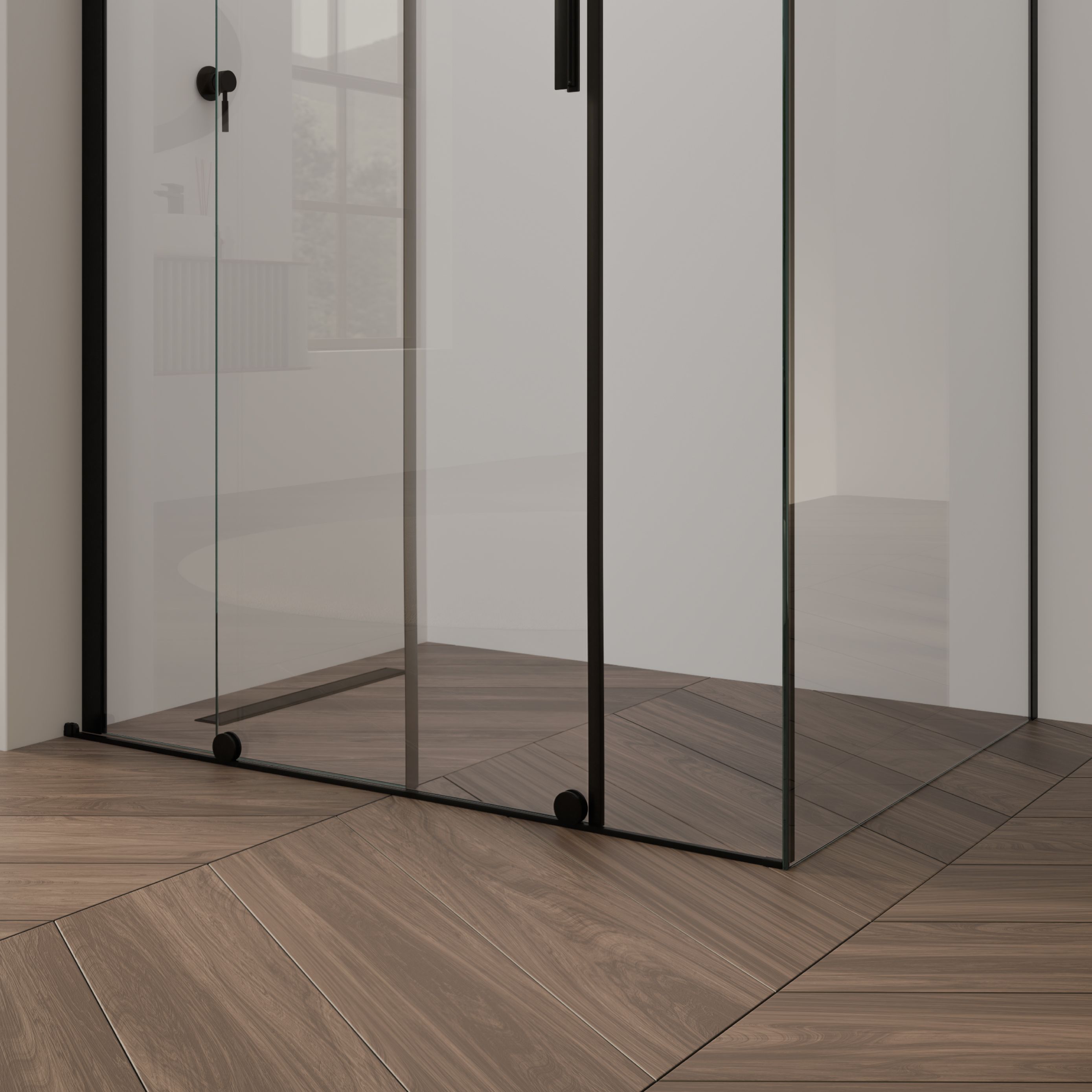Front-entry NADINE with sliding door in black made of 8mm tempered clear glass.