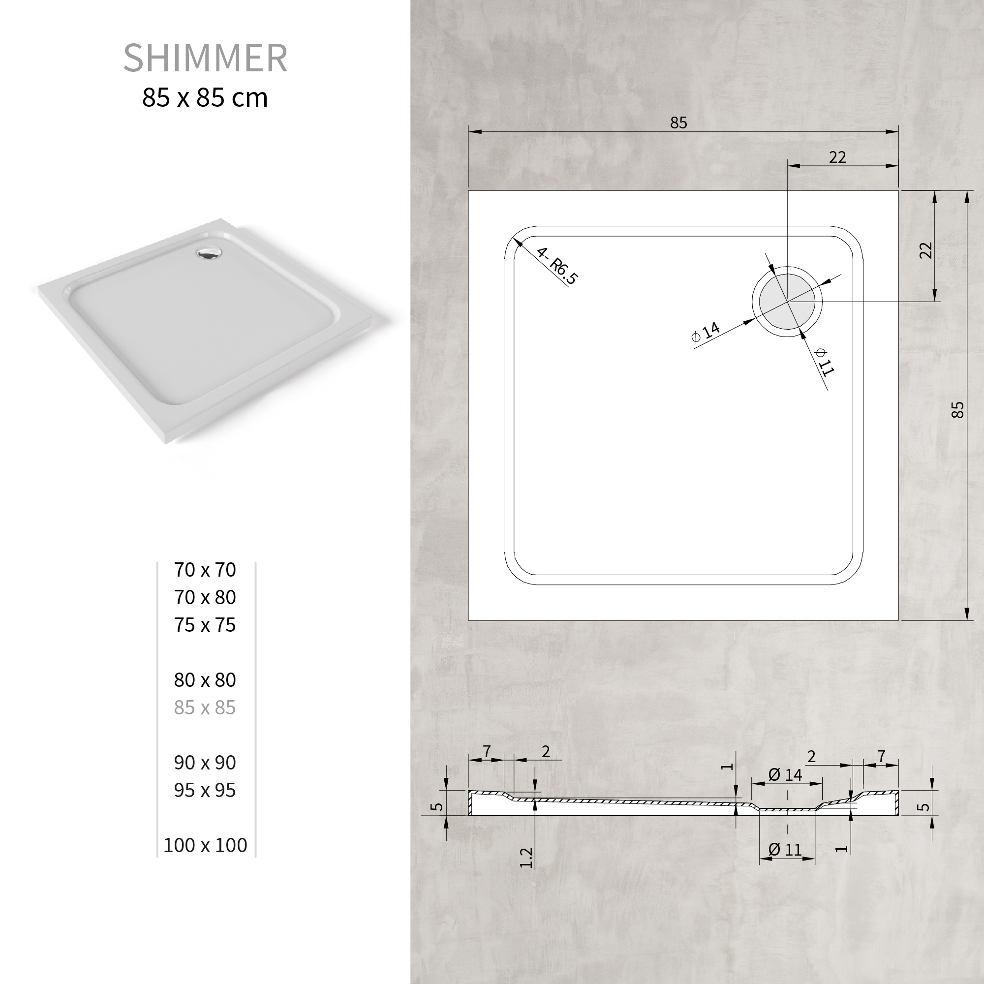 Shimmer – Duschwanne aus Sanitäracryl inkl. Ablaufgarnitur - Weiß