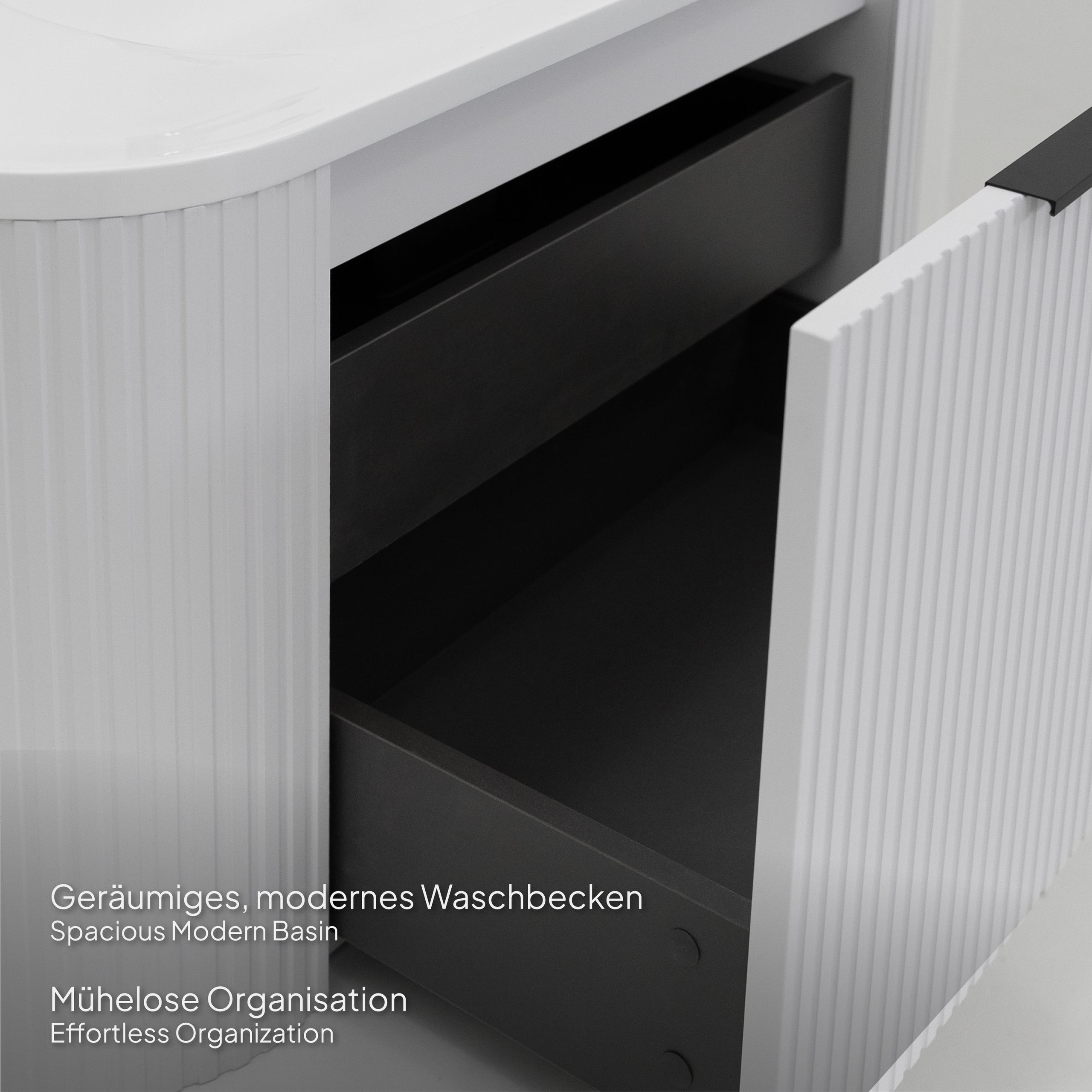 Badmöbel-Set Maia White, wandhängend, mit Steinplatte und Waschtisch aus Mineralguss sowie LED-Spiegel mit Antibeschlagfunktion, gerillte Textur