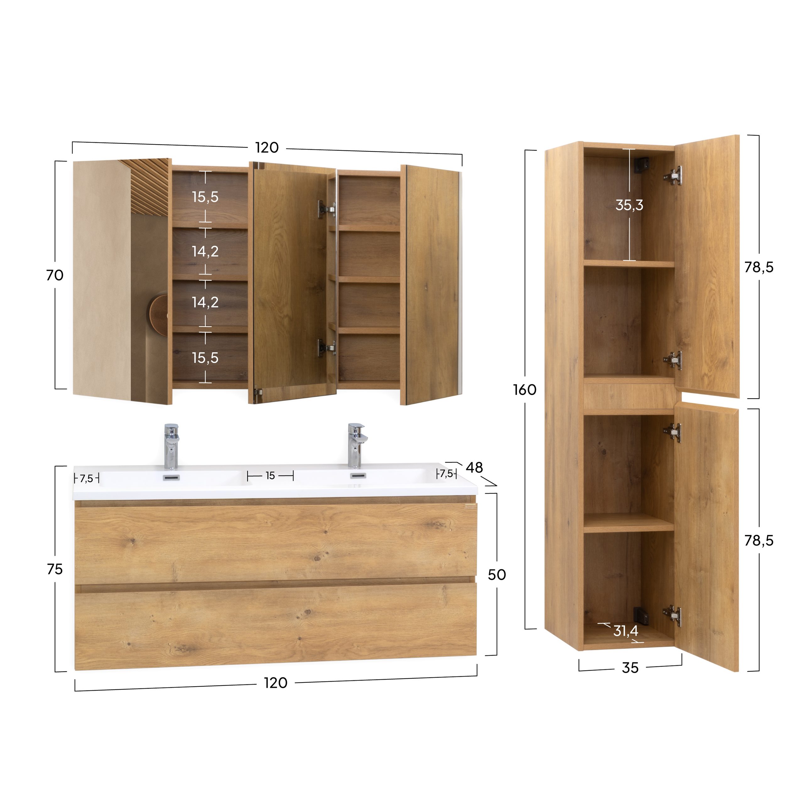 Badmöbel-Set Atena [120 cm] mit Mineralharz-Waschbecken in Hochglanz Weiß, Unterschrank mit Spiegel und hängendem Hochschrank in Eiche