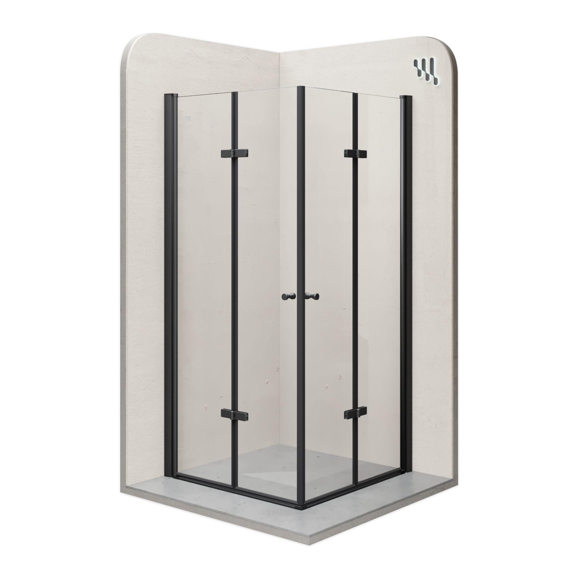 Eckeinstieg Emma BLACK mit Falttüren aus ESG Sicherheitsglas Emma – Corner Entry BLACK with Folding Doors made of ESG Safety Glass