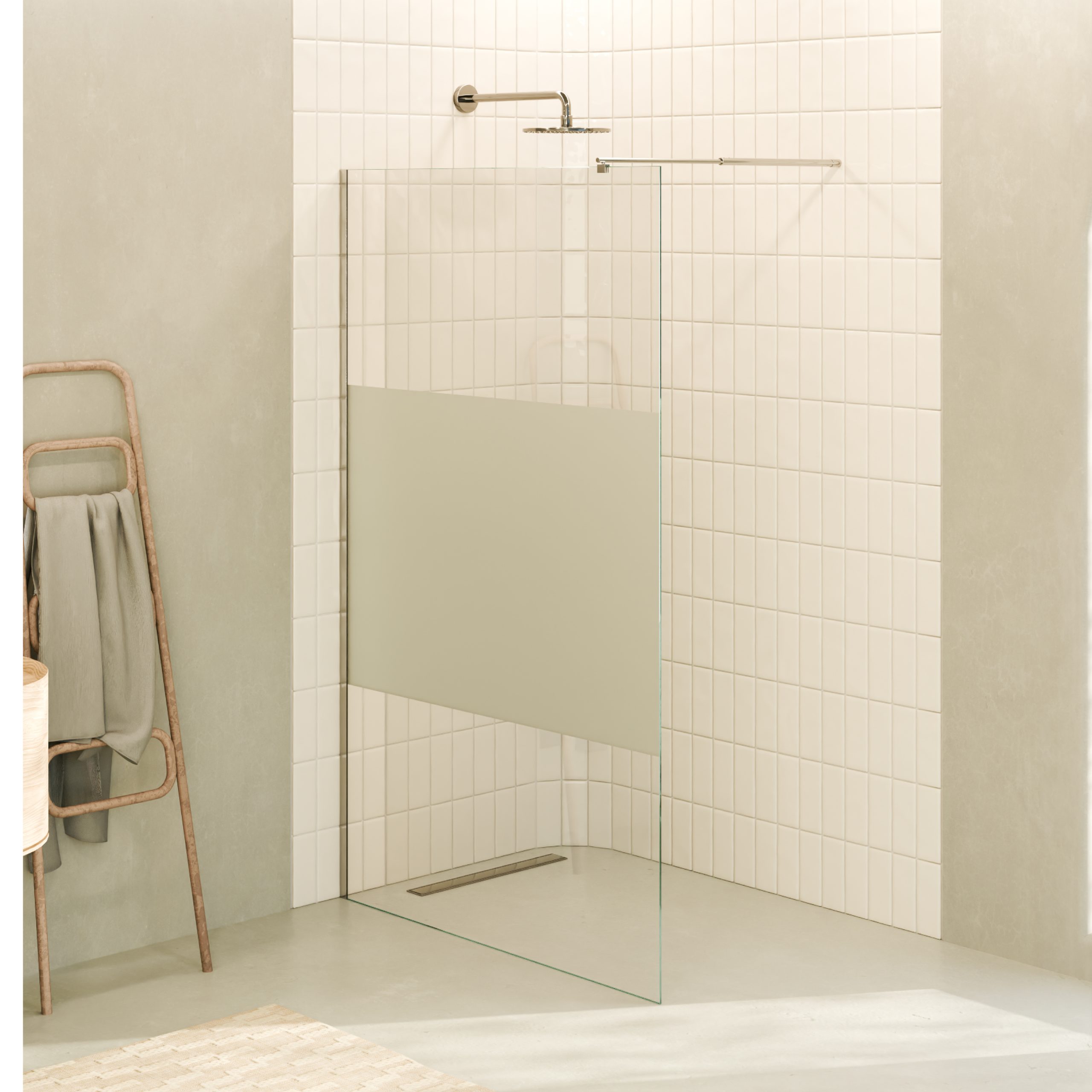 Walk-In Shower Fiona made of 10 mm thick partially frosted ESG safety glass and stainless steel profile. Fiona – Walk-In Shower made of 10 mm thick partially frosted ESG safety glass and stainless steel profile.