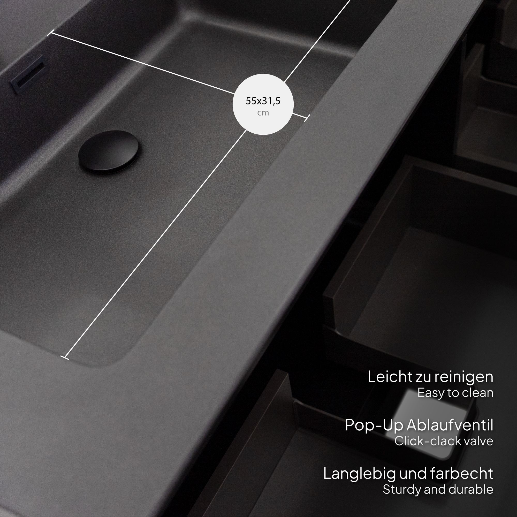 Badmöbelset Fidia mit Doppelwaschtisch – Schwarz Matt & Eiche, LED-Antibeschlagspiegel, 150/190 cm 190 cm