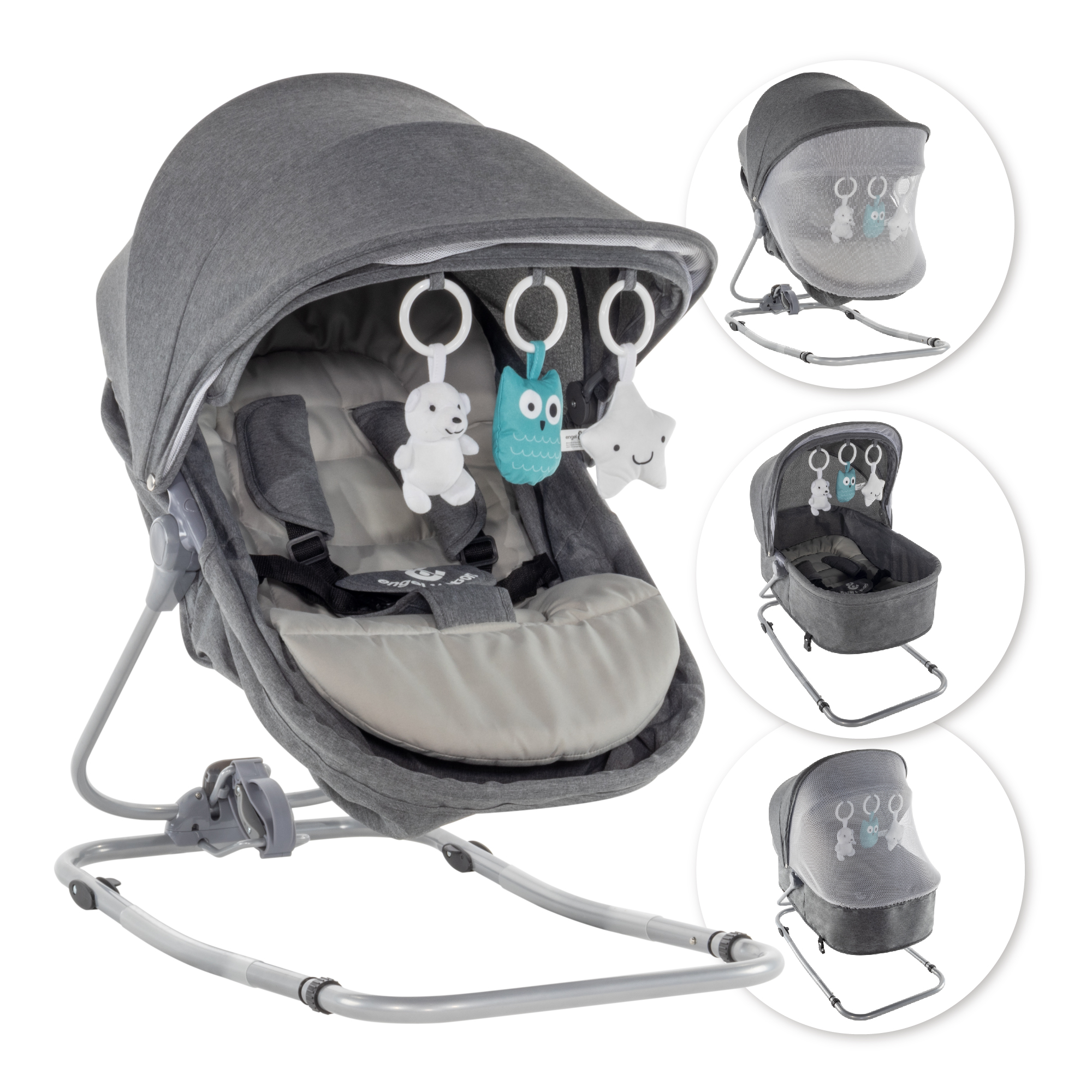 Babywippe PAVO mit Wiegenfunktion und Spielebogen Grau + Grau Babywippe PAVO mit Wiegenfunktion und Spielebogen Grau + Grau