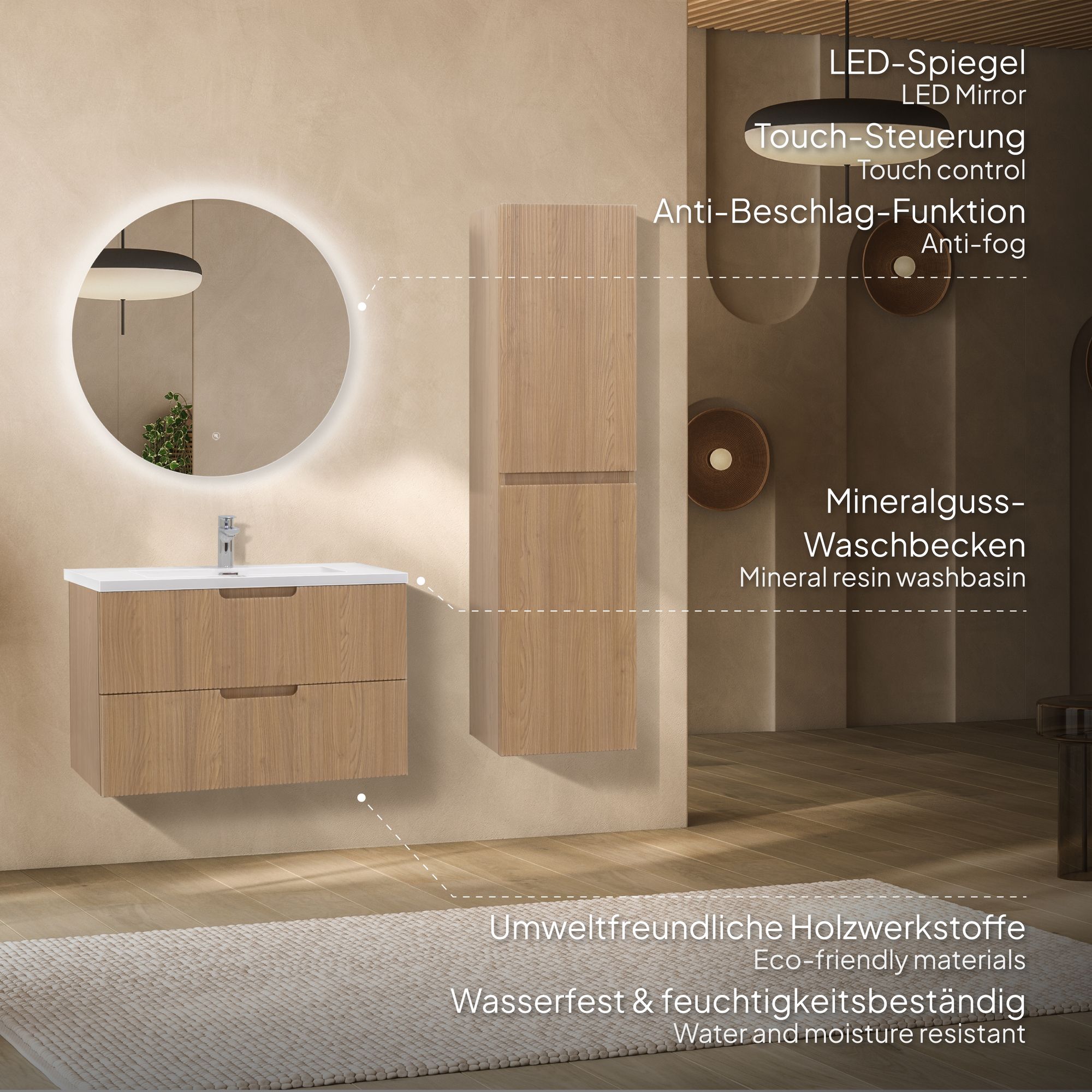 Badmöbelset Tália Modular – Weißer Resin-Waschtisch, Wandhängender Schrank, Rundspiegel & Seitenmodul (60/80/100 cm) 80 cm