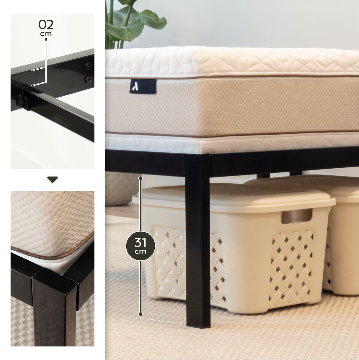 Guest Bed Metal Bed Frame Sappho Black with Storage