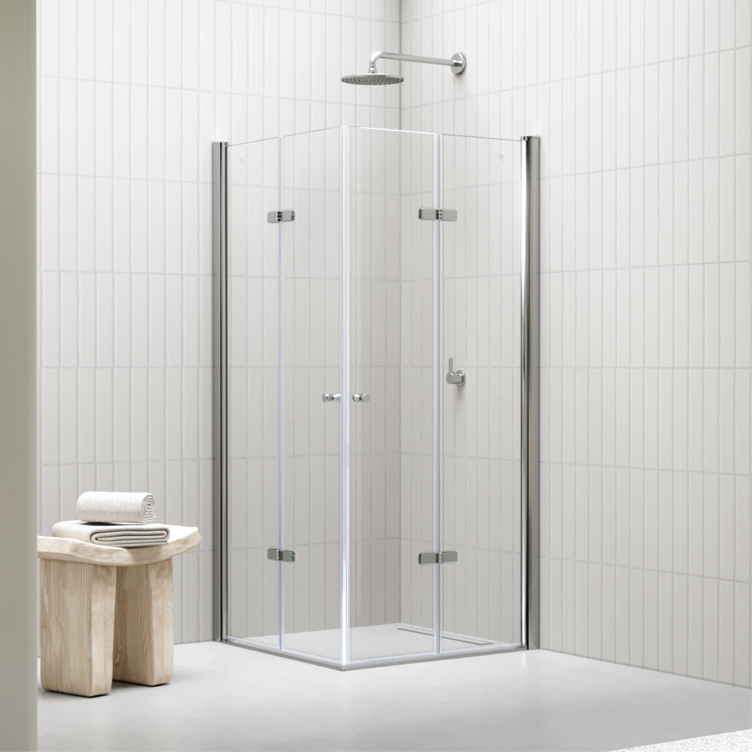 Eckeinstieg Emma mit Falttüren aus ESG Sicherheitsglas Emma – Corner Entry with Folding Doors made of ESG Safety Glass