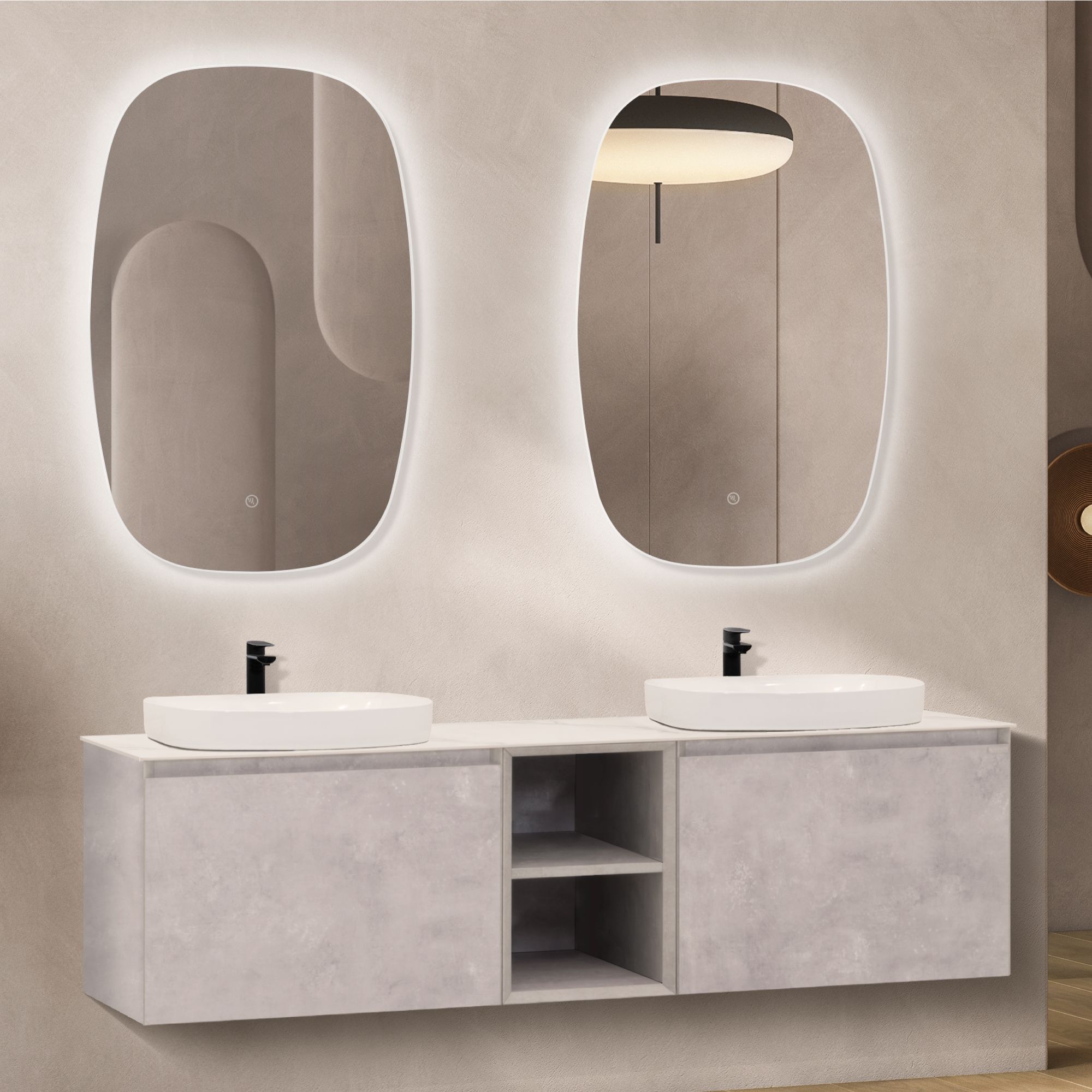 Badmöbelset Indra – Betonoptik, Calacatta-Porzellanplatte, Doppelwaschplätze & LED-Spiegel Badmöbelset Indra – Betonoptik, Calacatta-Porzellanplatte, Doppelwaschplätze & LED-Spiegel