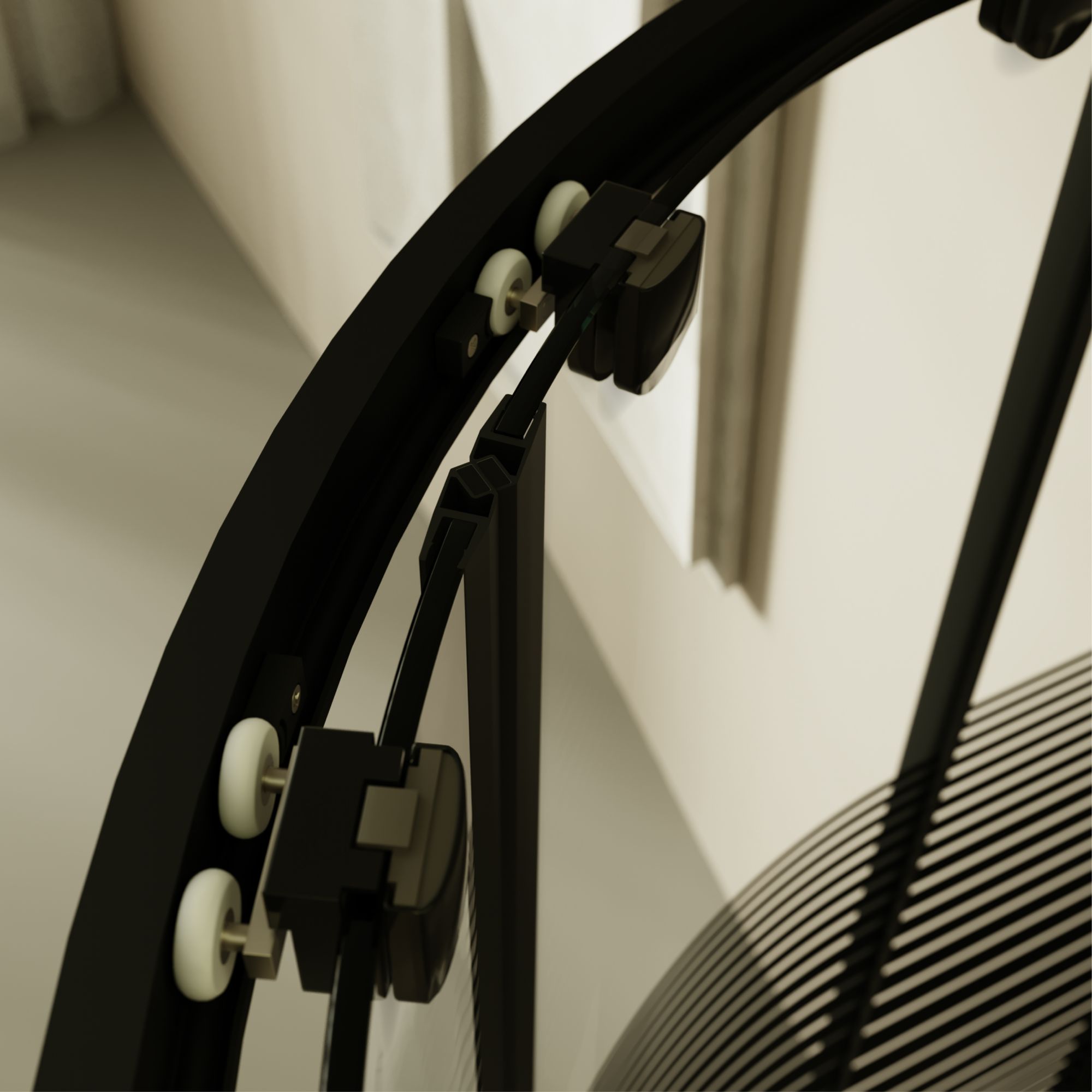 Viertelkreisdusche Ella mit Schiebetüren aus gestreiftem ESG Glas mit schwarzen Aluminium Profile Viertelkreisdusche Ella mit Schiebetüren aus gestreiftem ESG Glas mit schwarzen Aluminium Profile