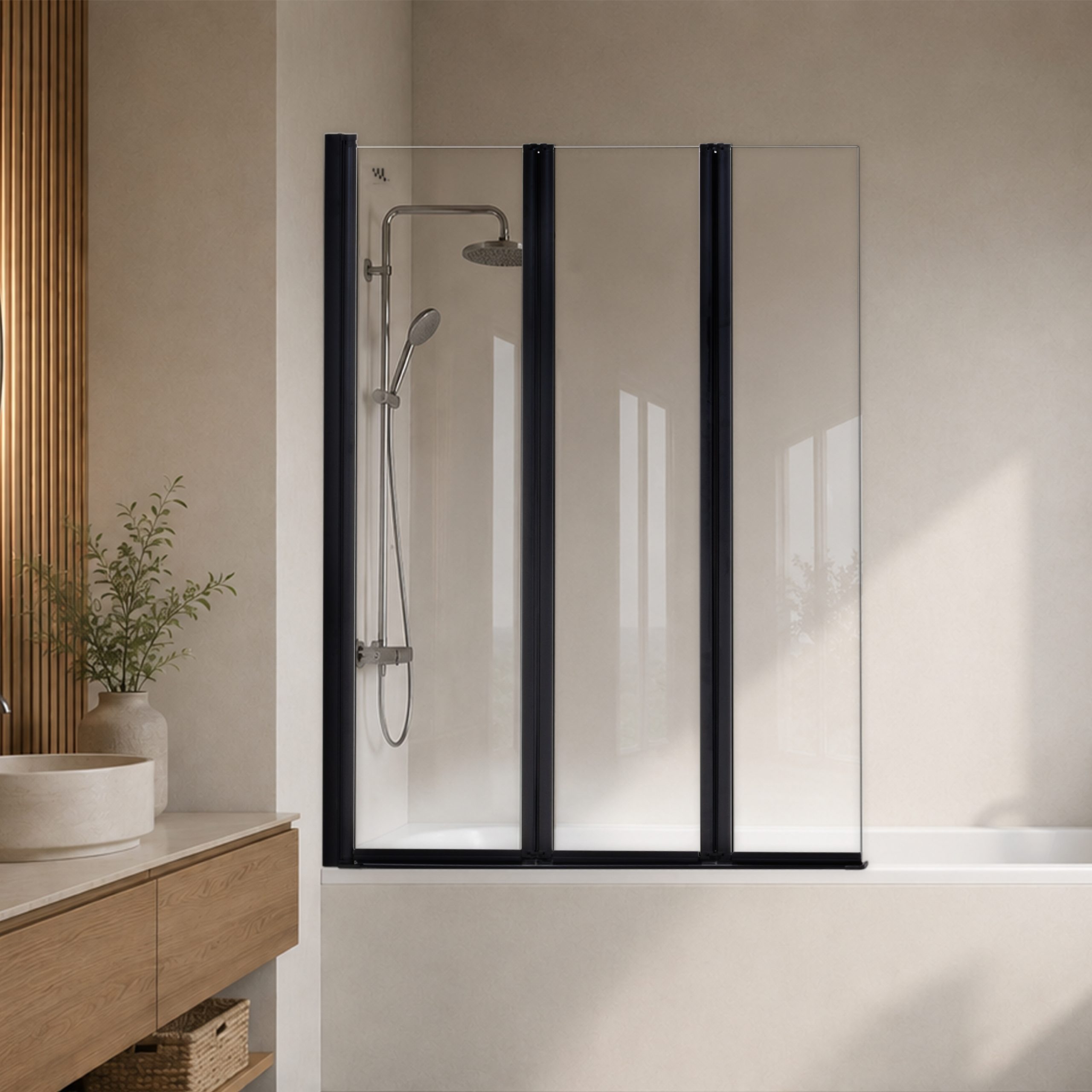 Badewannenabtrennung Petra, 3-teilig faltbar und pendelbar mit 6 mm ESG Klarglas und verchromten Profilen