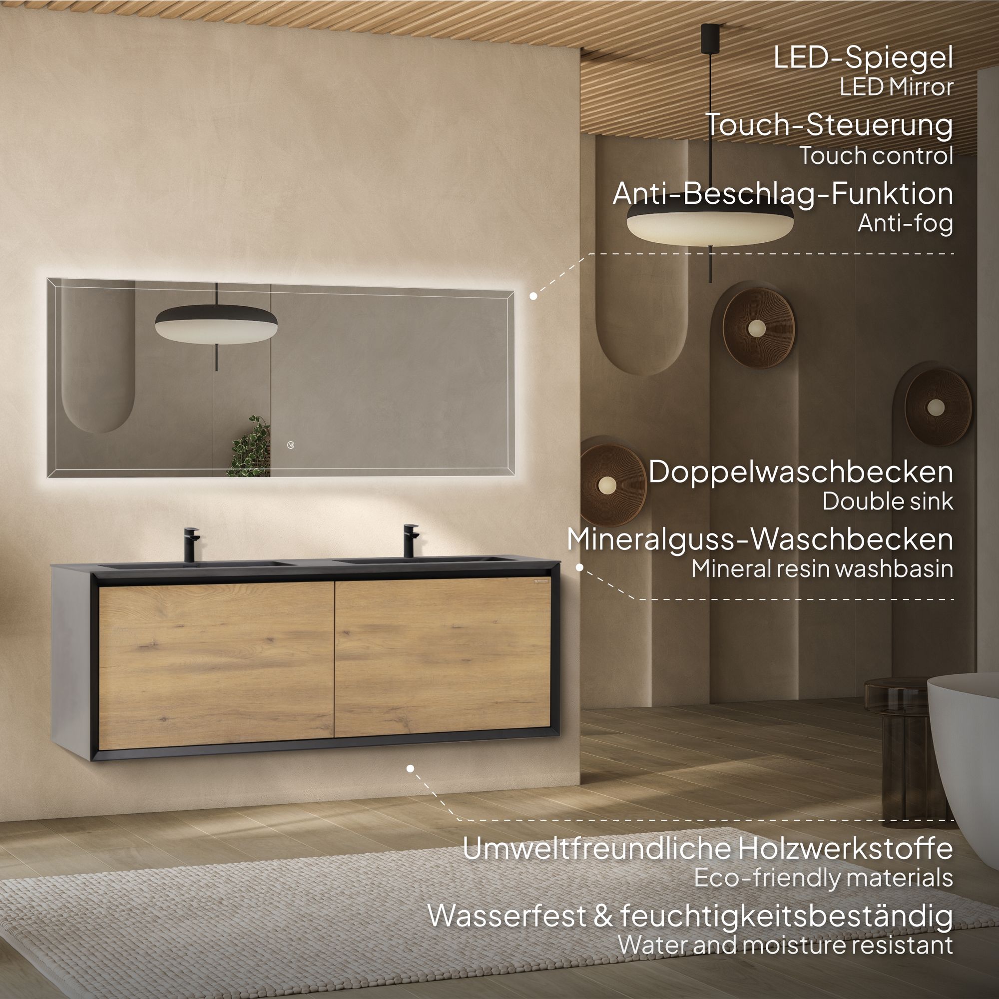 Badmöbelset Fidia mit Doppelwaschtisch – Schwarz Matt & Eiche, LED-Antibeschlagspiegel, 150/190 cm