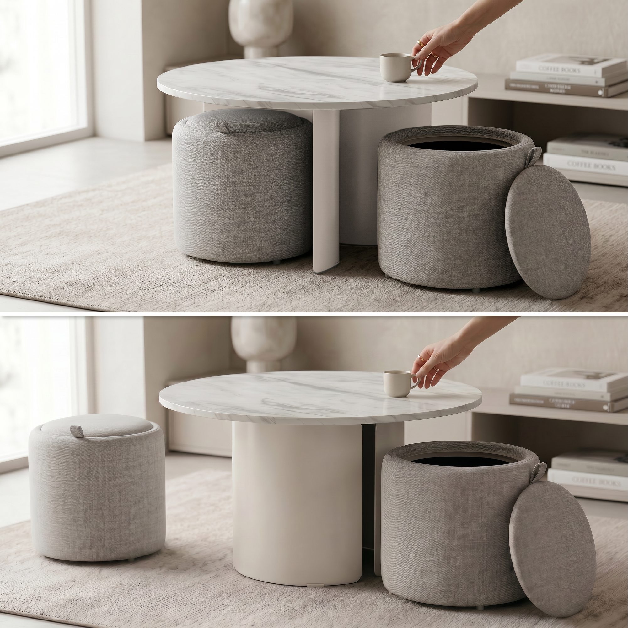 Meera – Couchtisch in Marmoroptik mit 2 Hockern in Grau