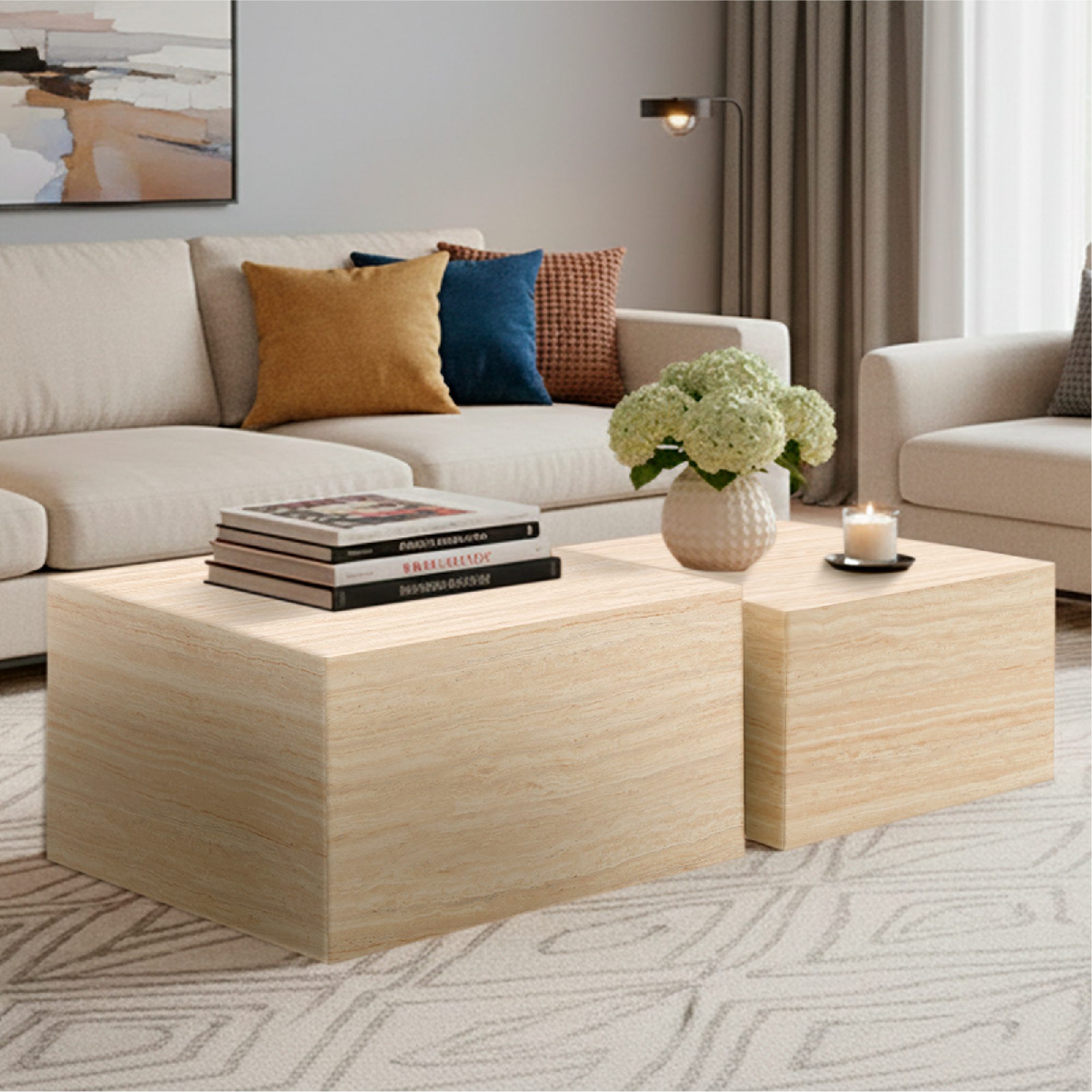 Couchtische / Beistelltisch TANEDA in Beige mit dekorativer Maserung - 2er Set Couchtische / Beistelltisch TANEDA in Beige mit dekorativer Maserung - 2er Set