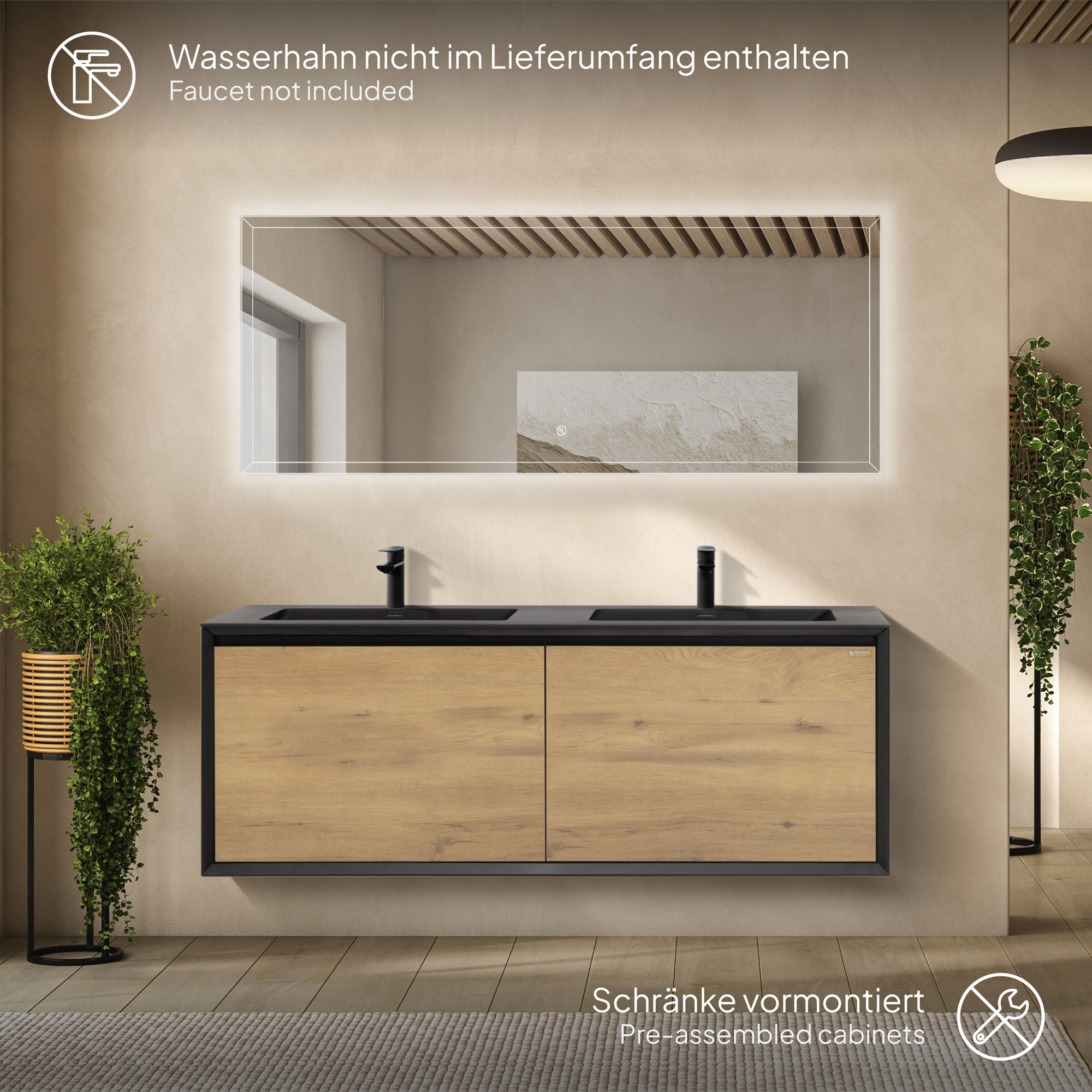 Badmöbelset Fidia mit Doppelwaschtisch – Schwarz Matt & Eiche, LED-Antibeschlagspiegel, 150 cm Badmöbelset Fidia mit Doppelwaschtisch – Schwarz Matt & Eiche, LED-Antibeschlagspiegel, 150/190 cm