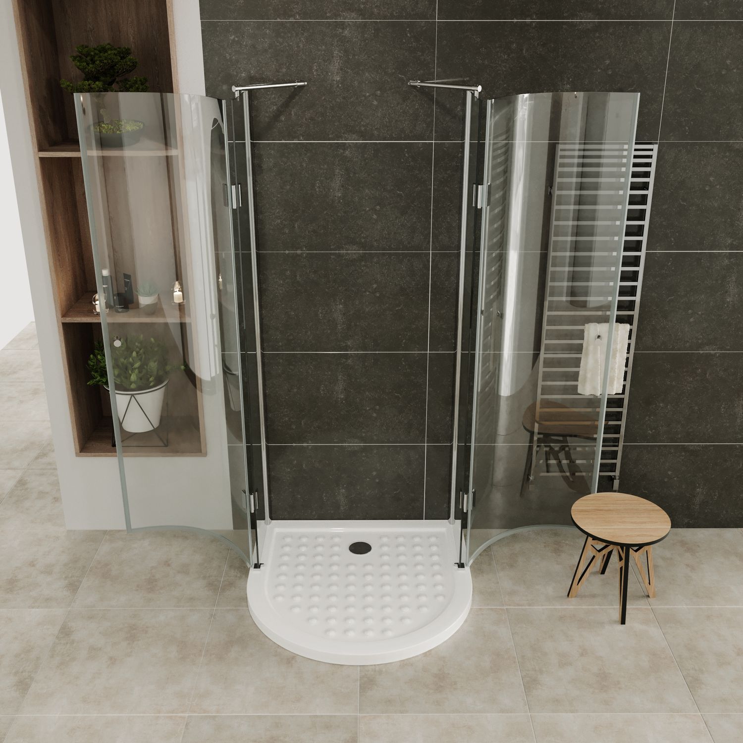 Halbkreisdusche Andrea mit Klapptüren aus ESG Sicherheitsglas Halbkreisdusche Andrea mit Klapptüren aus ESG Sicherheitsglas