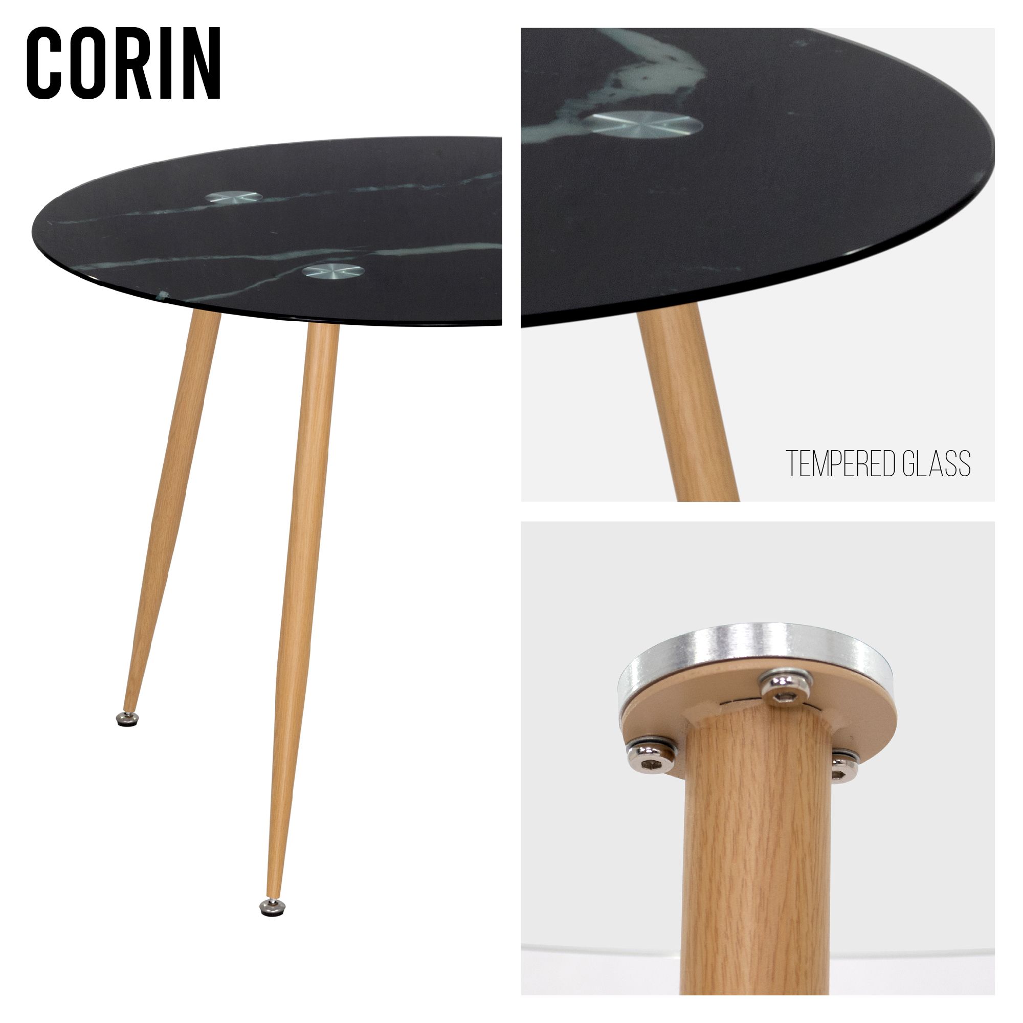 Esszimmer-Tisch CORIN | Tischplatte: Glas in schwarzer Marmor Optik | Beine: Massivholz Esszimmer-Tisch CORIN | Tischplatte: Glas in schwarzer Marmor Optik | Beine:Holz 80 cm