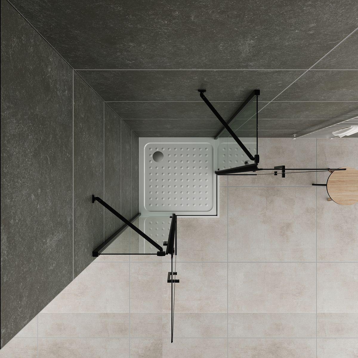 Eckeinstieg Celine mit Klapptüren und schwarzen Profilen aus ESG Sicherheitsglas Eckeinstieg Celine mit Klapptüren und schwarzen Profilen aus ESG Sicherheitsglas