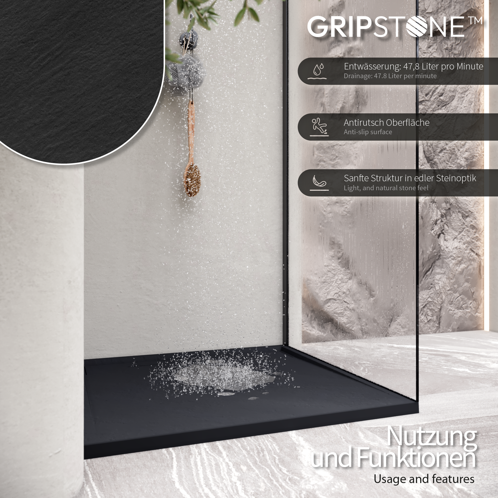 Shower Tray Shimmer STONE made of sanitary acrylic, including waste fitting - Black