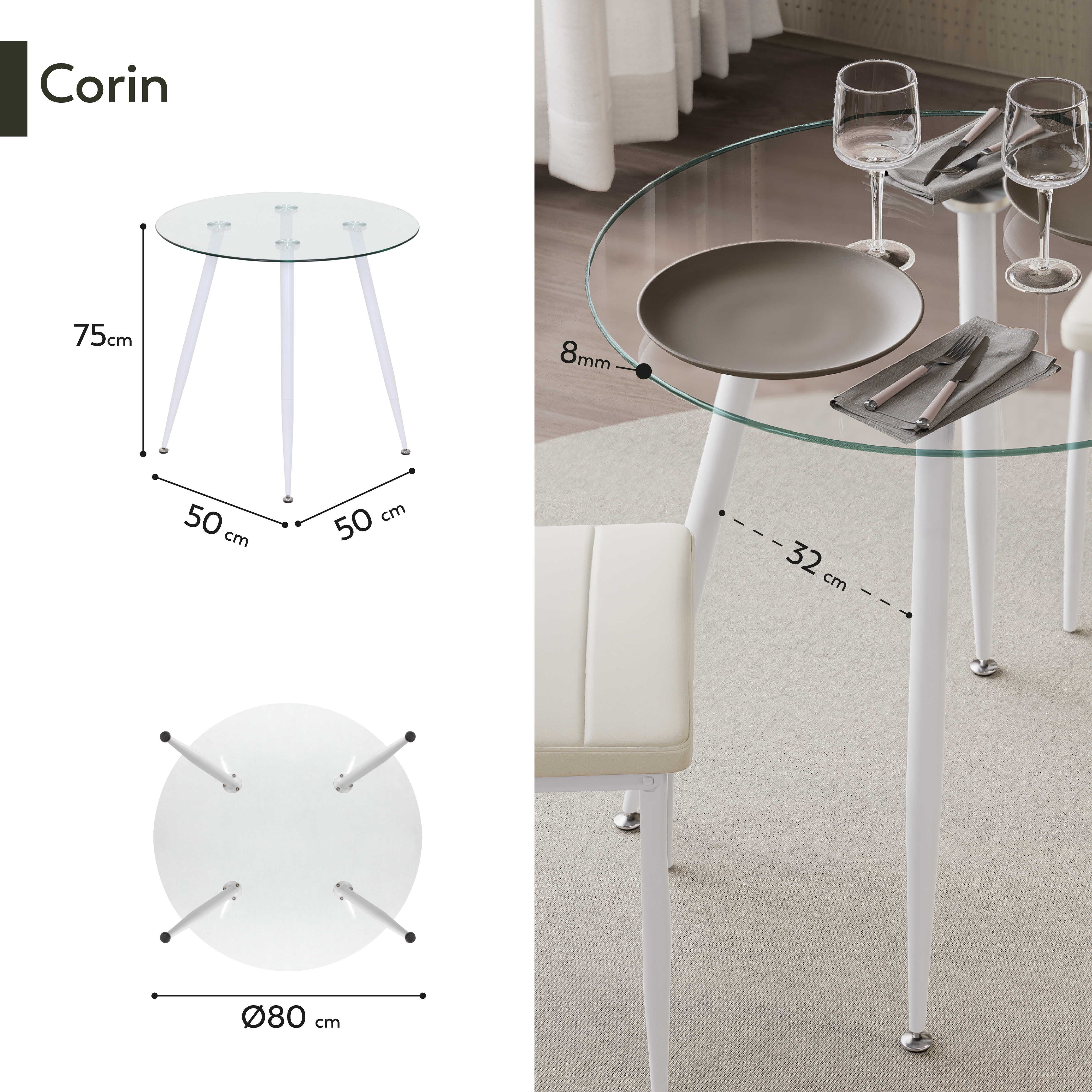 CORIN – Esszimmer-Tisch | Tischplatte: Transparentes Glas | Beine: Weiß