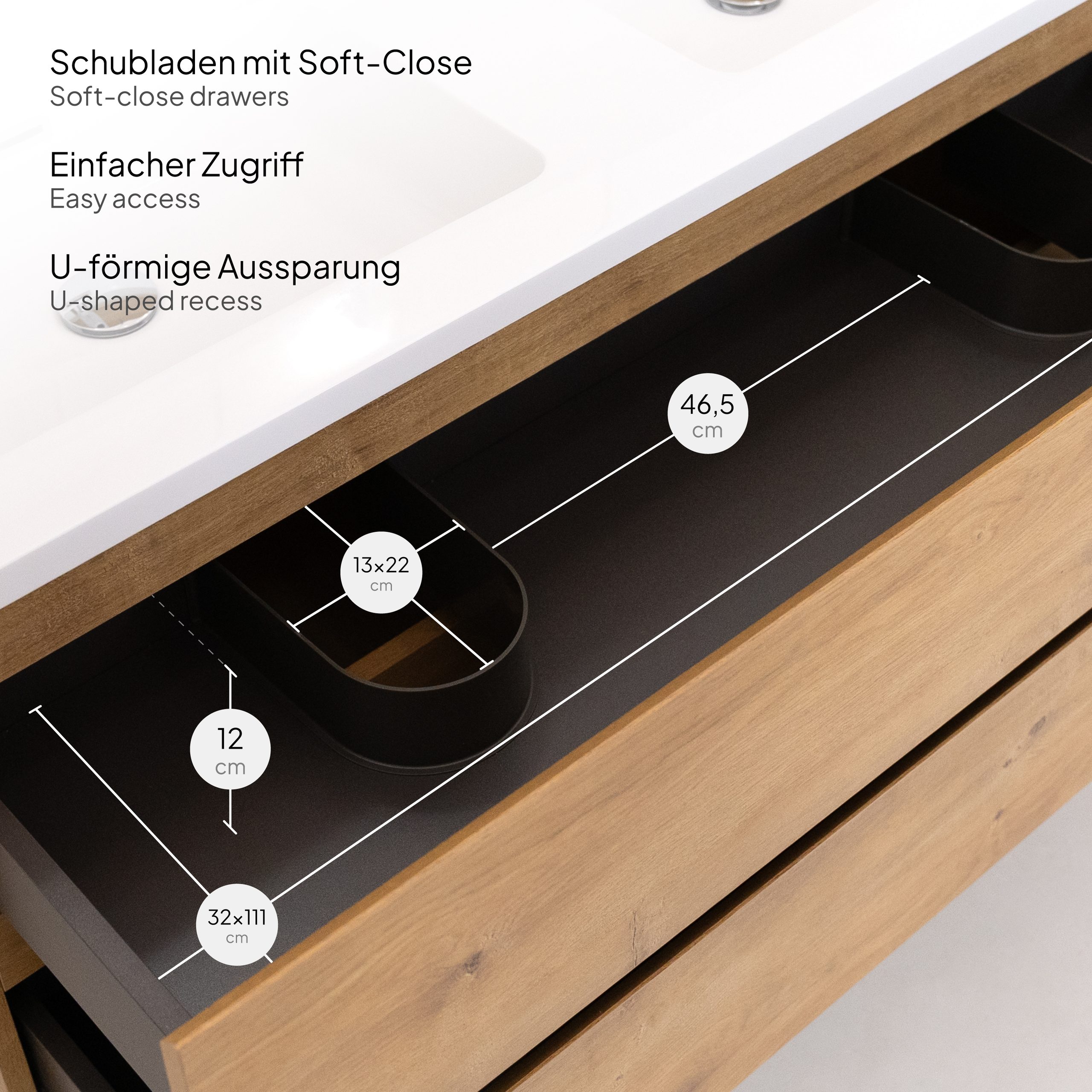 Badmöbel-Set Atena [120 cm] mit Mineralharz-Waschbecken in Hochglanz Weiß, Unterschrank mit Spiegel und hängendem Hochschrank in Eiche