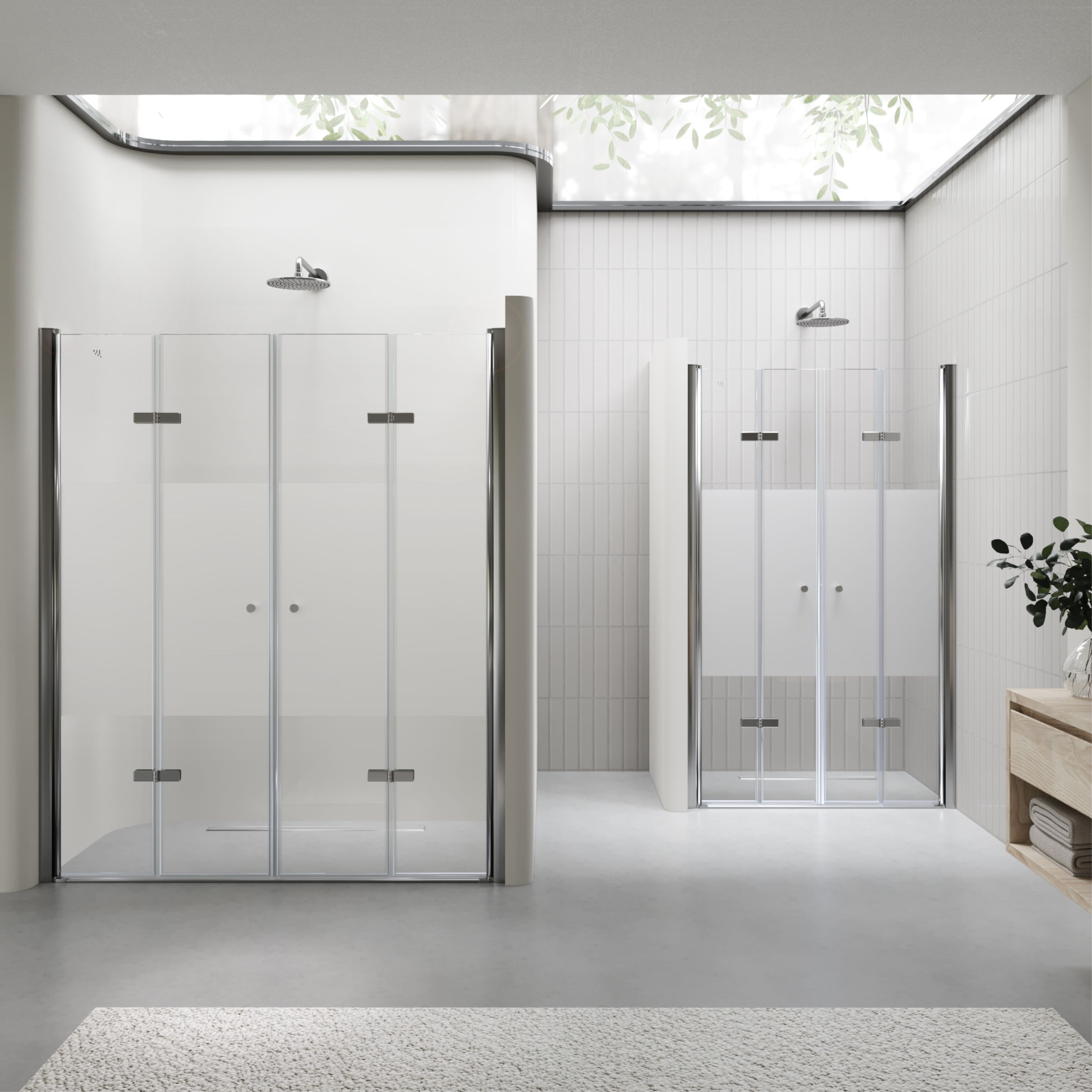 Shower Door Lena with Folding Panels made of Partially Frosted ESG Safety Glass Shower Door Lena with Folding Panels made of Partially Frosted ESG Safety Glass