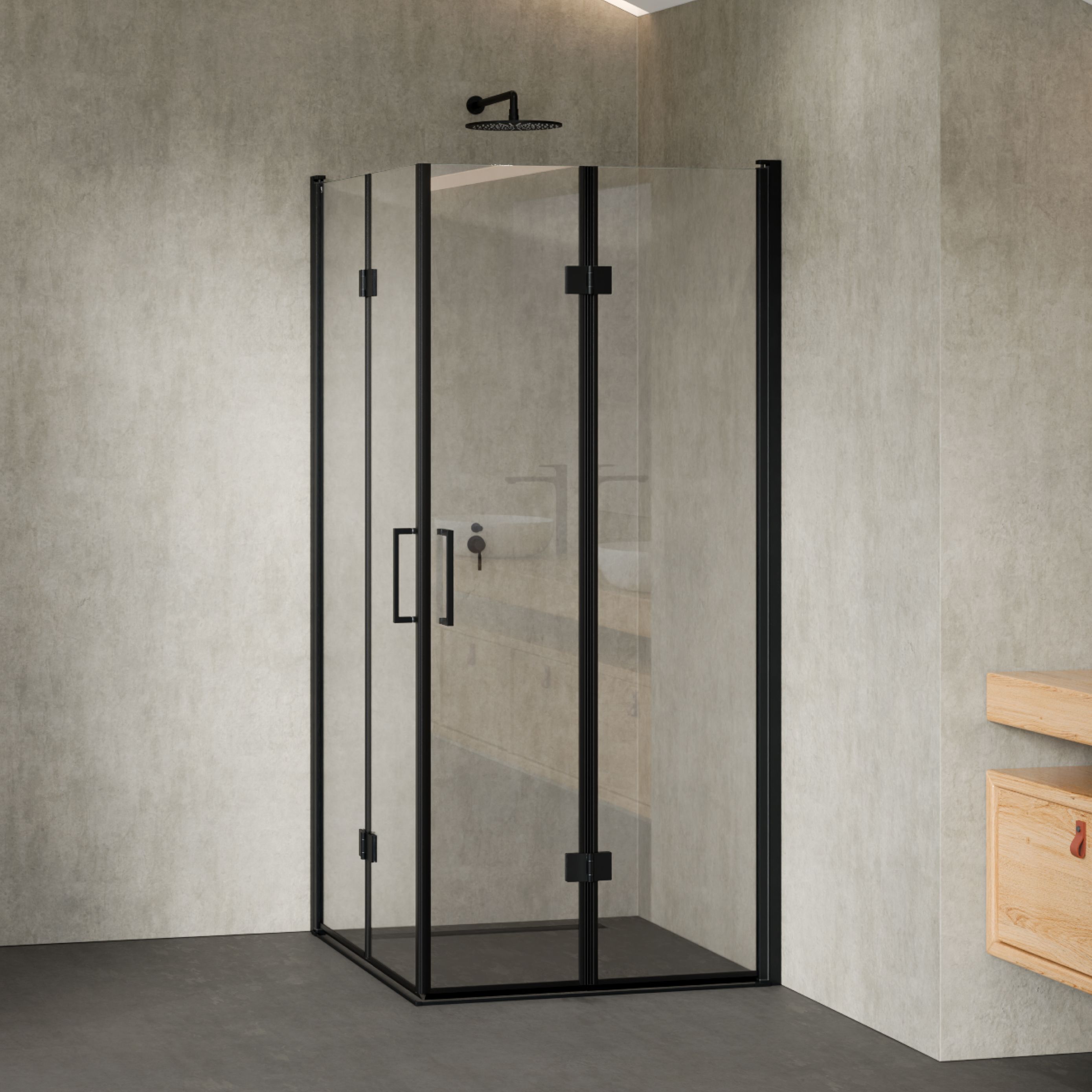 Corner entry Belle with folding doors and black profiles made of ESG safety glass.