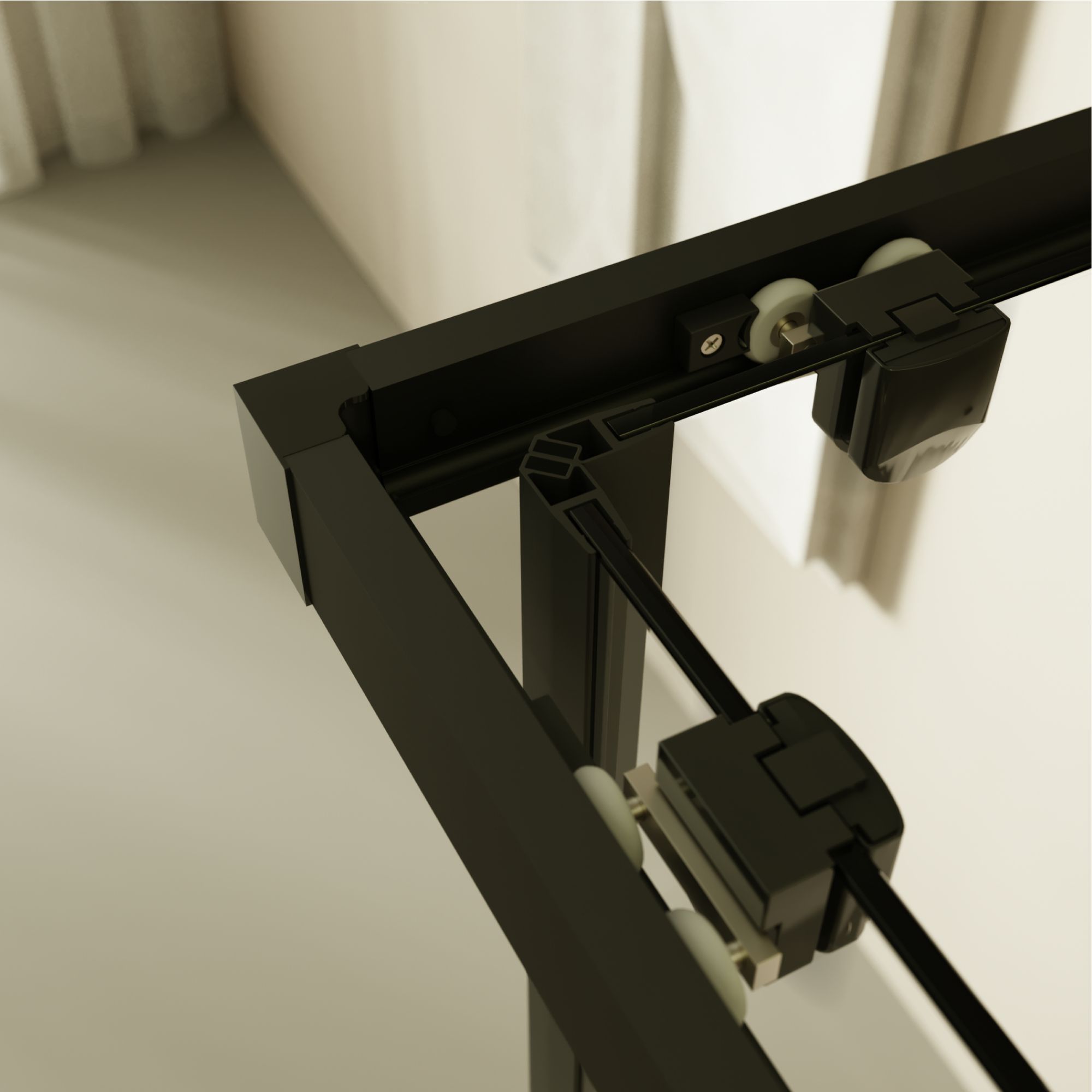 Corner entry Danielle with sliding doors and black profiles made of ESG safety glass. Corner entry Danielle with sliding doors and black profiles made of ESG safety glass.