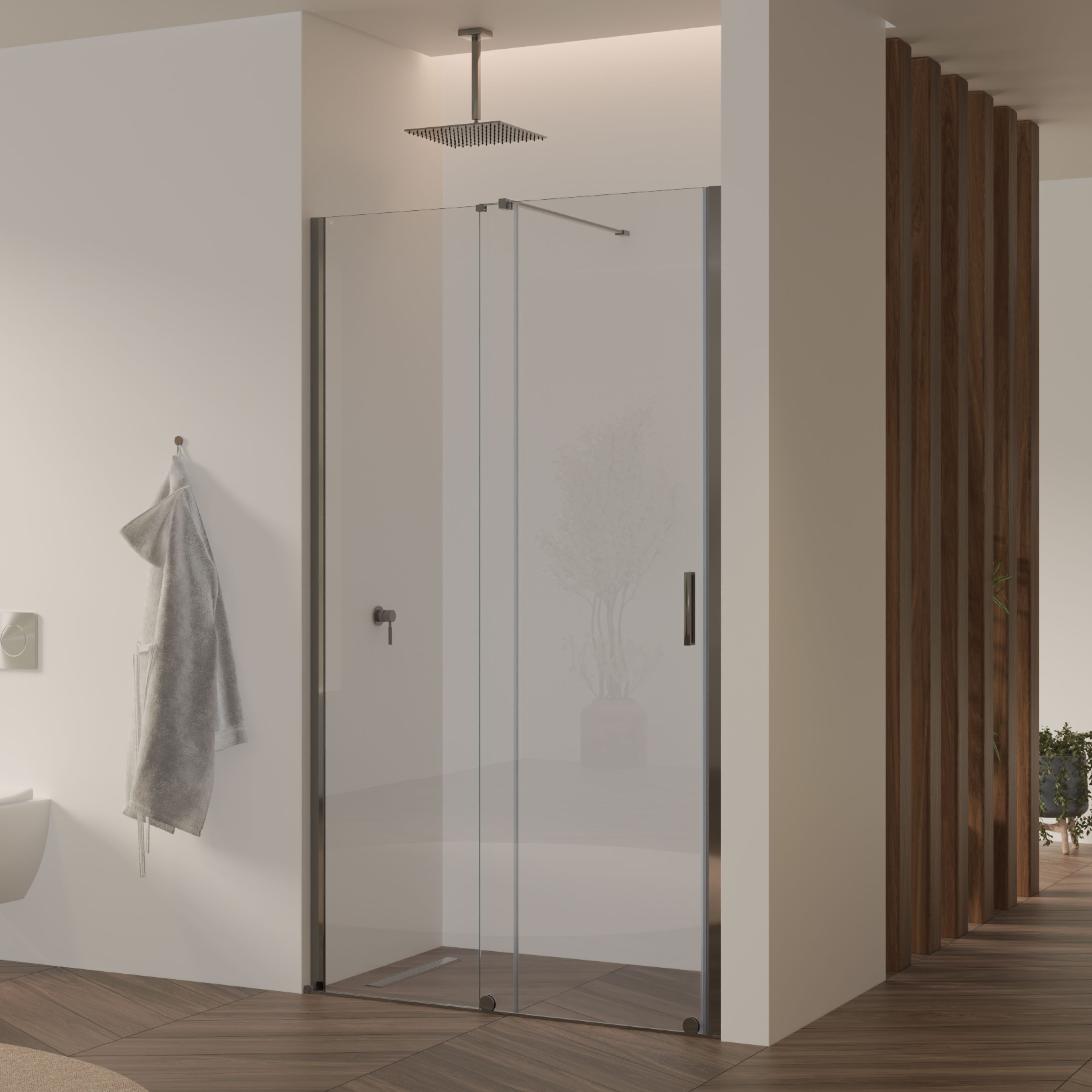 Shower Door Niche Door NADINE with Sliding Door in Chrome made of 8mm Tempered Clear Glass NADINE – Shower Door Niche Door with Sliding Door in Chrome made of 8mm Tempered Clear Glass