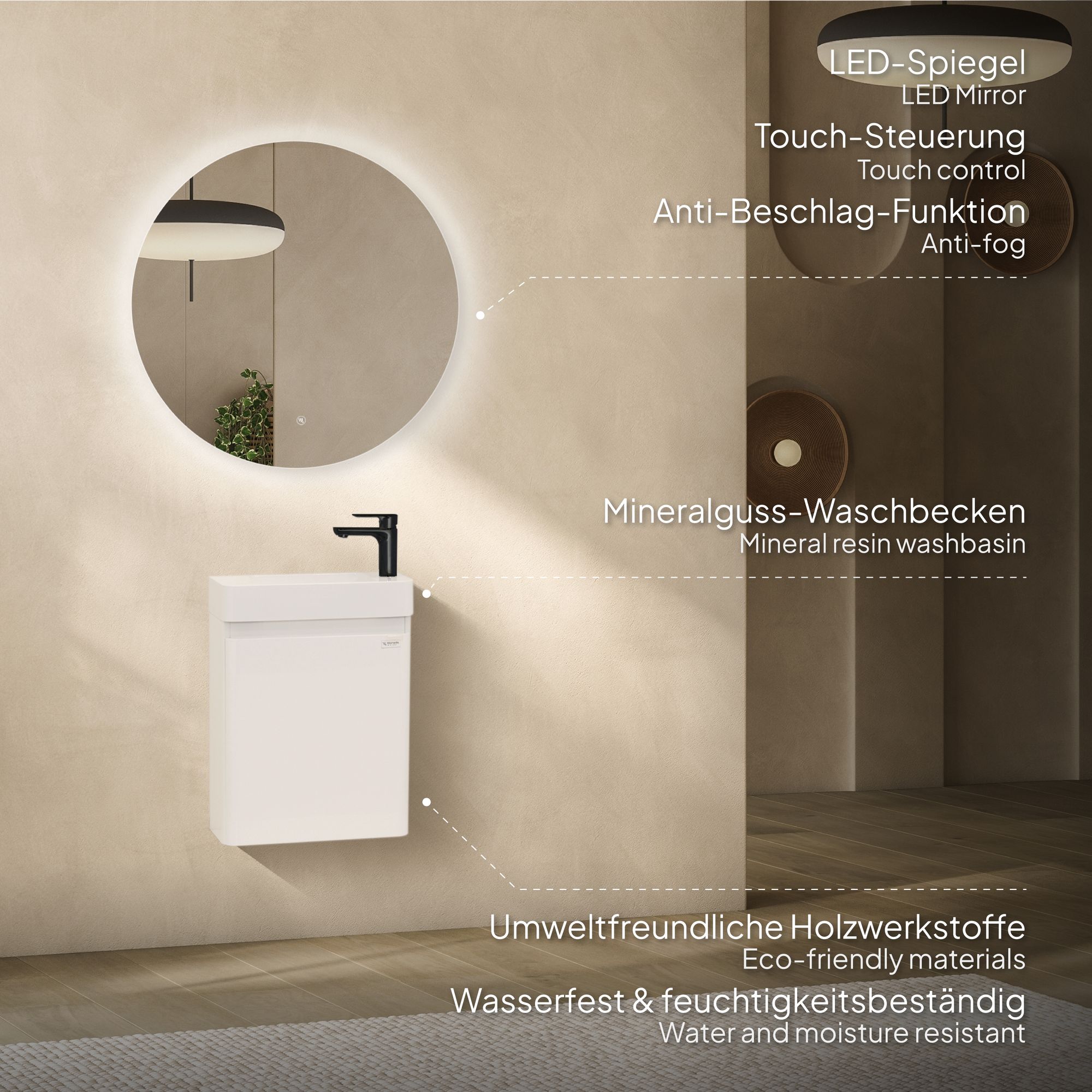 Kompakt-Badmöbel Galene 45 cm – Weiß Hochglanz, Mineralguss-Waschtisch, Wandhängend