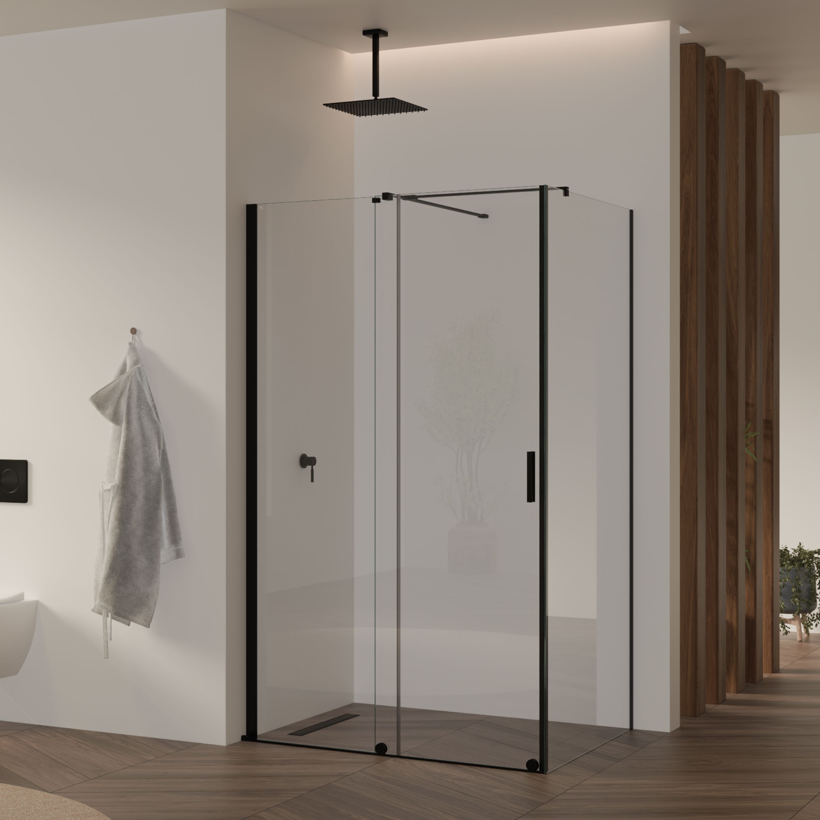 Front-entry NADINE with sliding door in black made of 8mm tempered clear glass. NADINE – Fronteinstieg mit Schiebetür in Schwarz aus 8mm ESG Klarglas