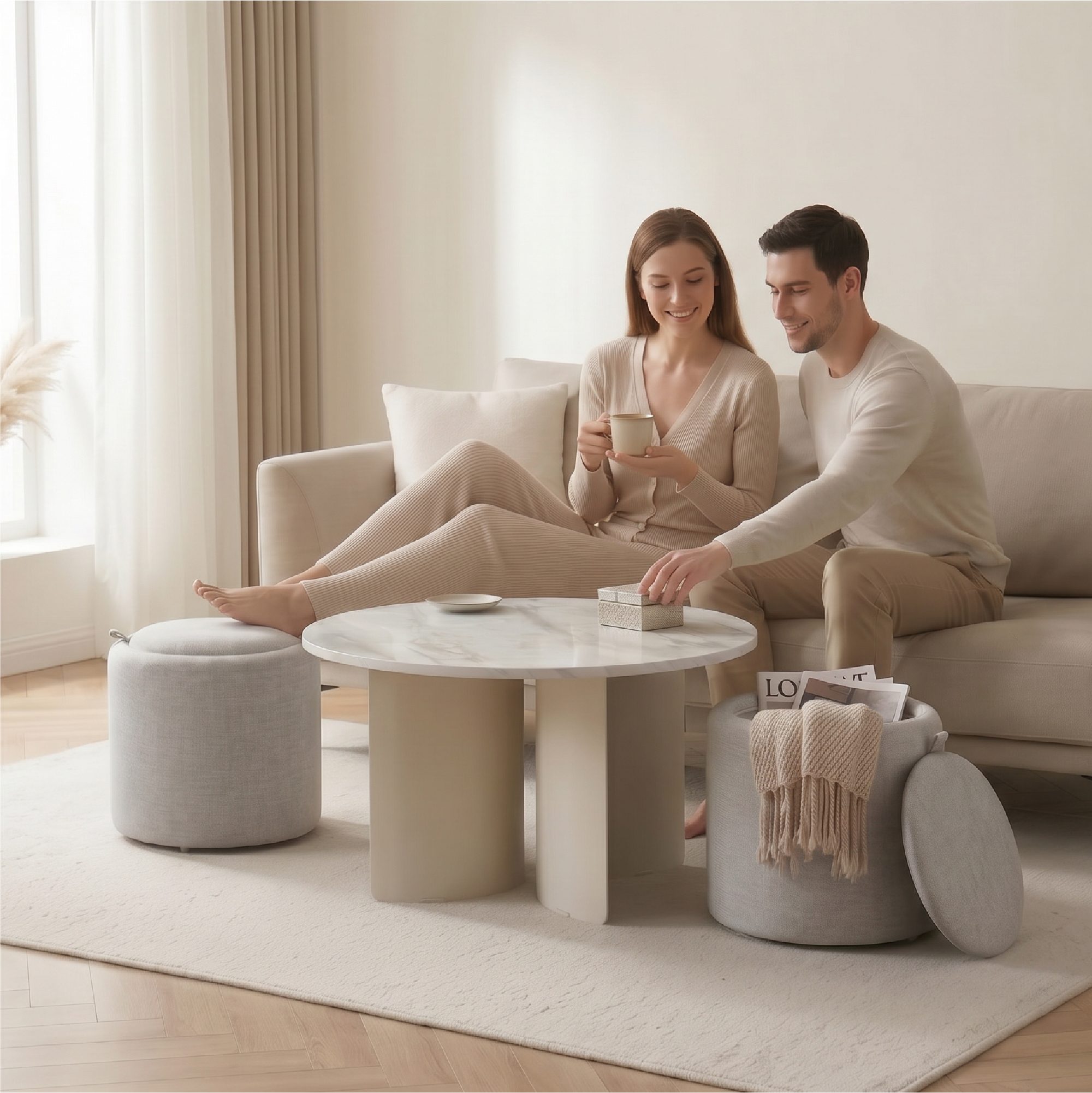Meera – Couchtisch in Marmoroptik mit 2 Hockern in Grau