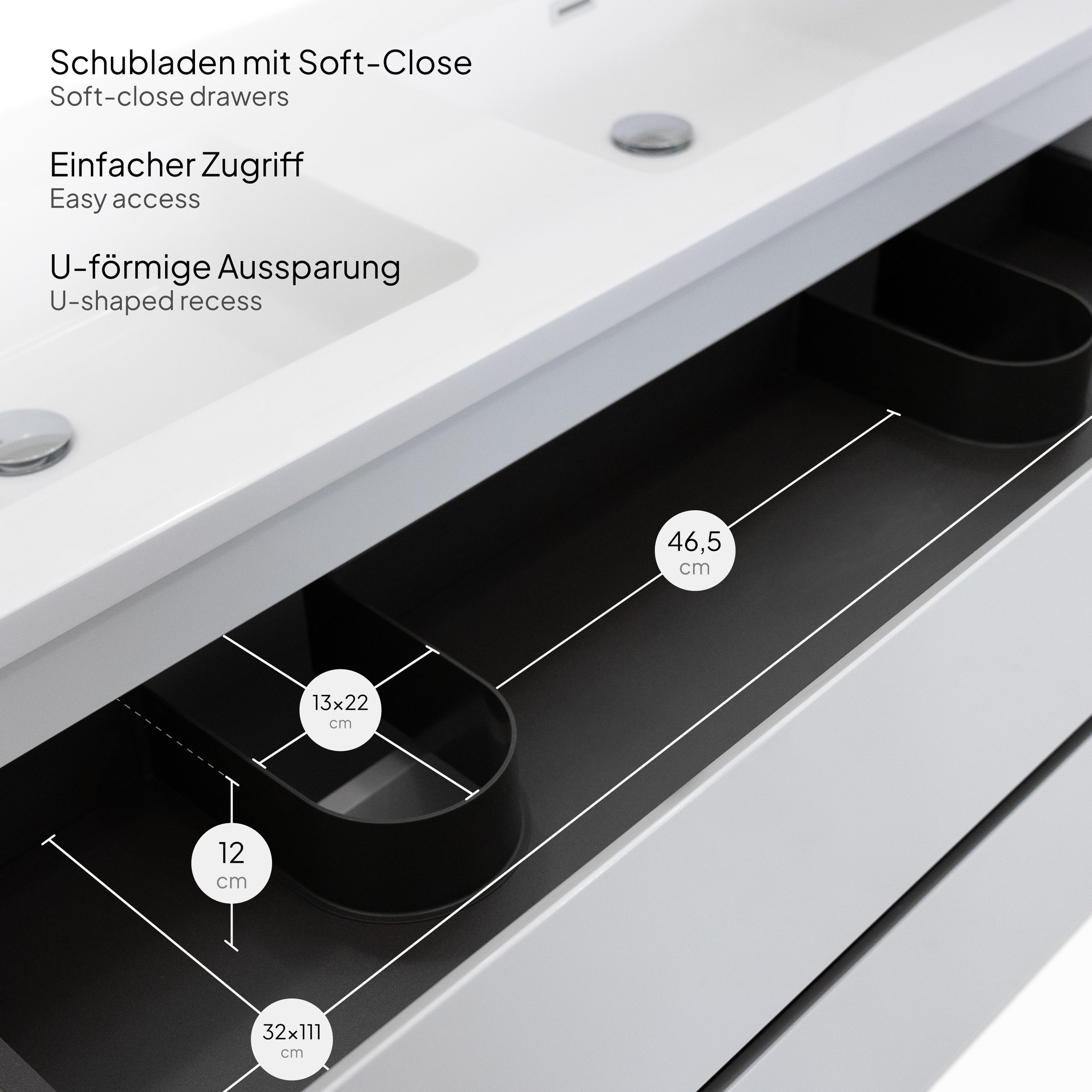 Badmöbel-Set Atena [120 cm] mit Mineralharz-Waschbecken in Hochglanz Weiß, Unterschrank mit Spiegel und hängendem Hochschrank in Weiß